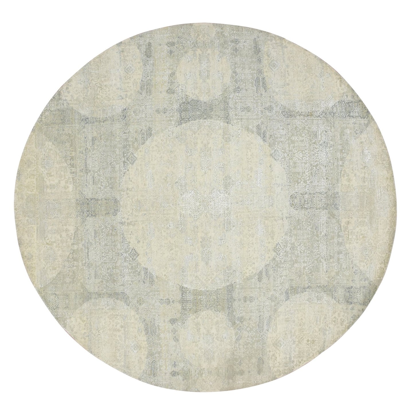 10'X10' Oyster White Jewelry Design Wool And Silk Hand Knotted Round Rug