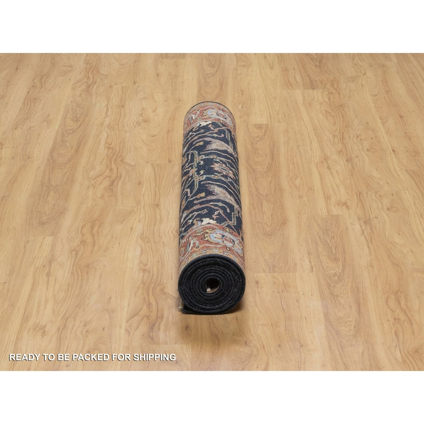 4'2"X12'2" Navy Antiqued Heris Re-Creation Hand Knotted Wool Runner Rug
