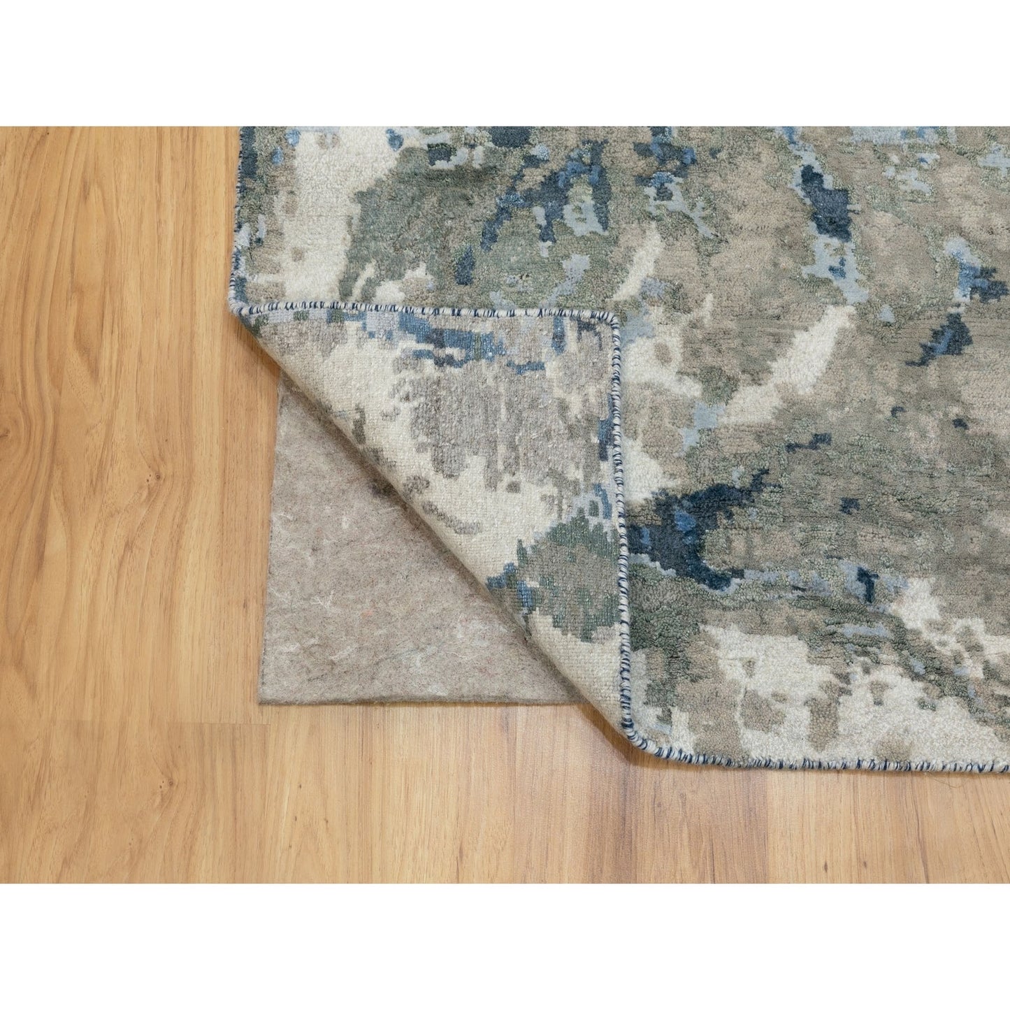 3'1"X5' Blue-Ivory Abstract Design Wool-Silk Hi-Low Pile Hand Knotted Rug