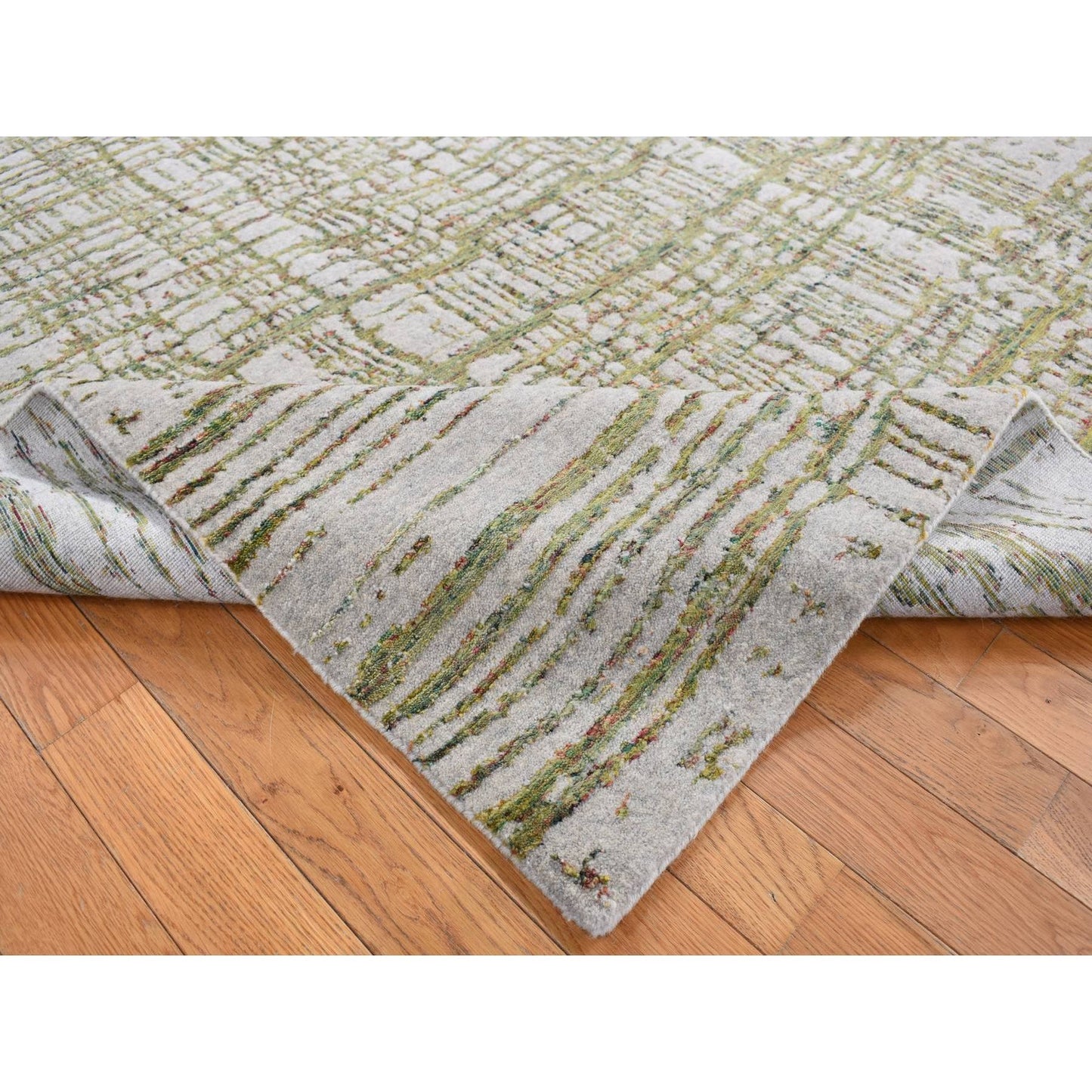 6'X8'9" Goose Gray Modern Fine Jacquard Hand Loomed Wool And Art Silk Rug