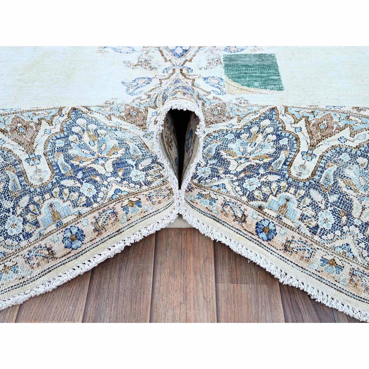 7'2"X10'1" Blue Vintage Zoroastrian Karman Worn Down Wool Hand Knotted Rug