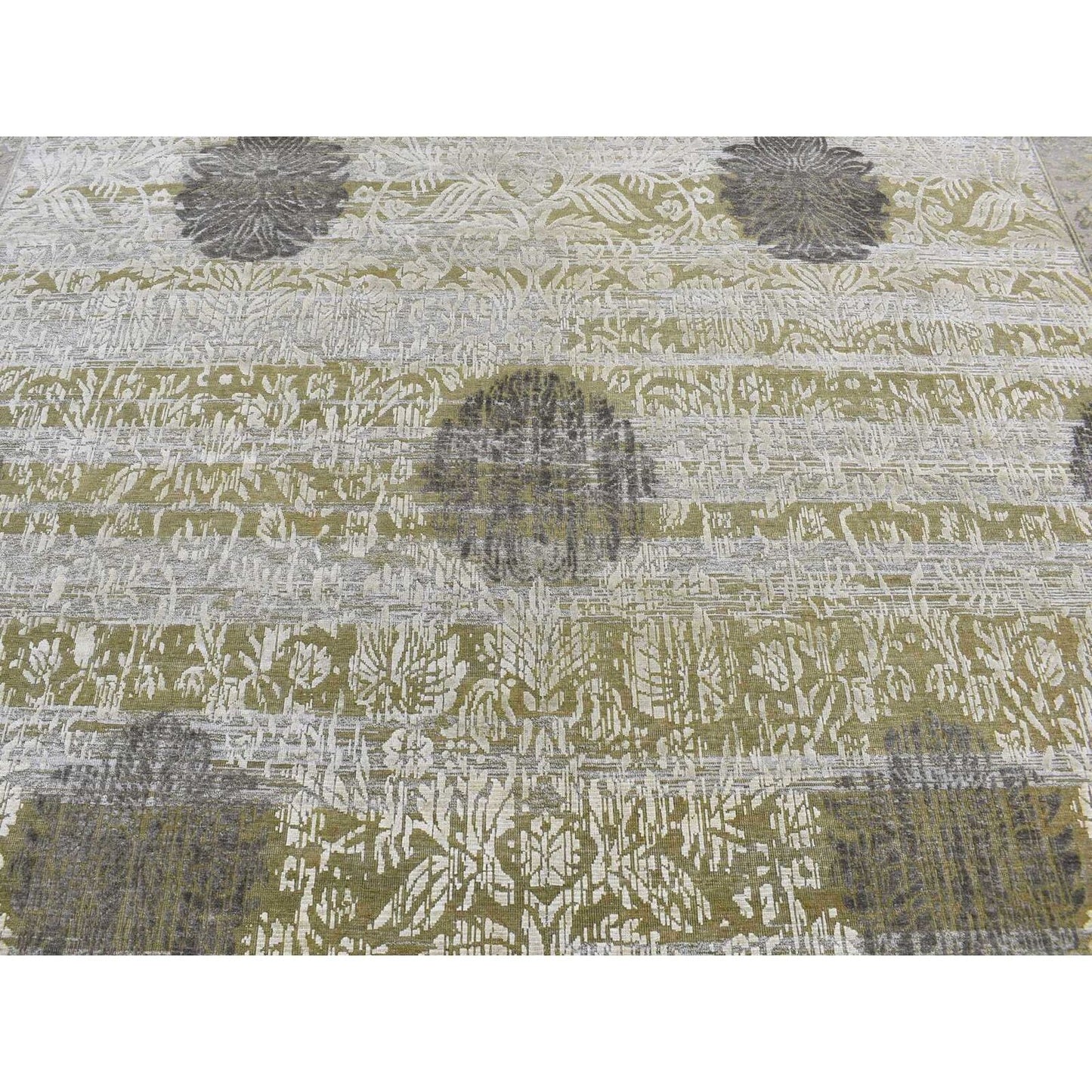 8'9"X12'1" Green Silk With Wool Abrash Artistic Motifs Hand Knotted Rug