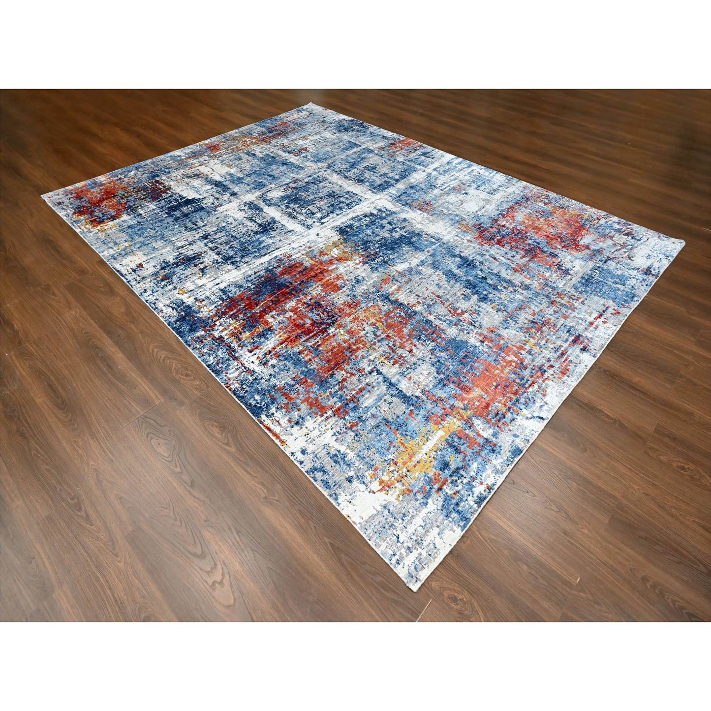 8'9"X11'7" Yale Blue Abstract Design Plant Based Silk Hand Knotted Rug