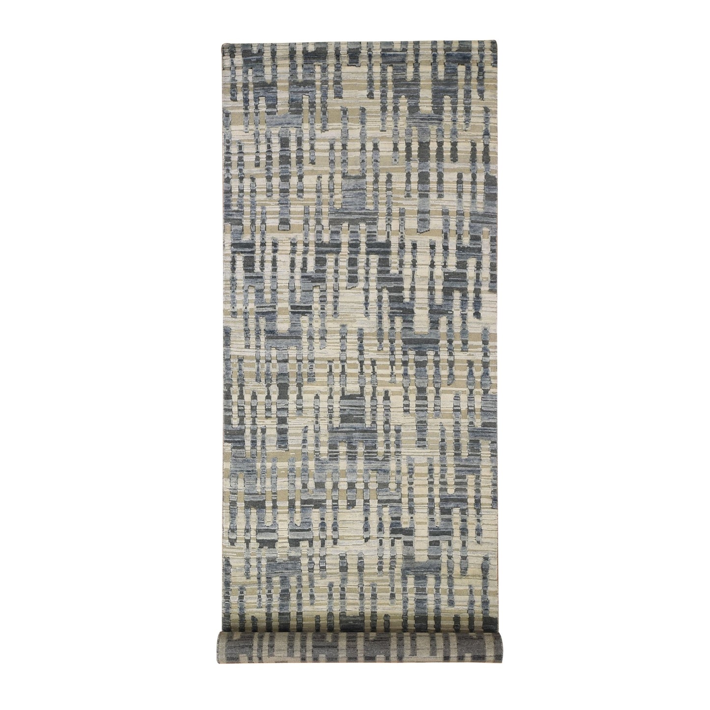 4'X12'4" Zigzag With Graph Design Silk And Textured Wool Wide Runner Rug