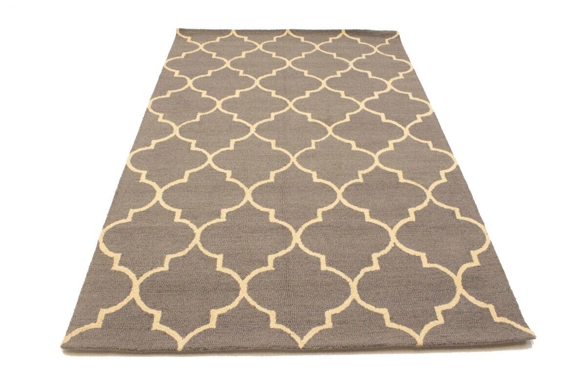 5X8 Ft Hand-Tufted Taupe Trellis Rug Wool Plush