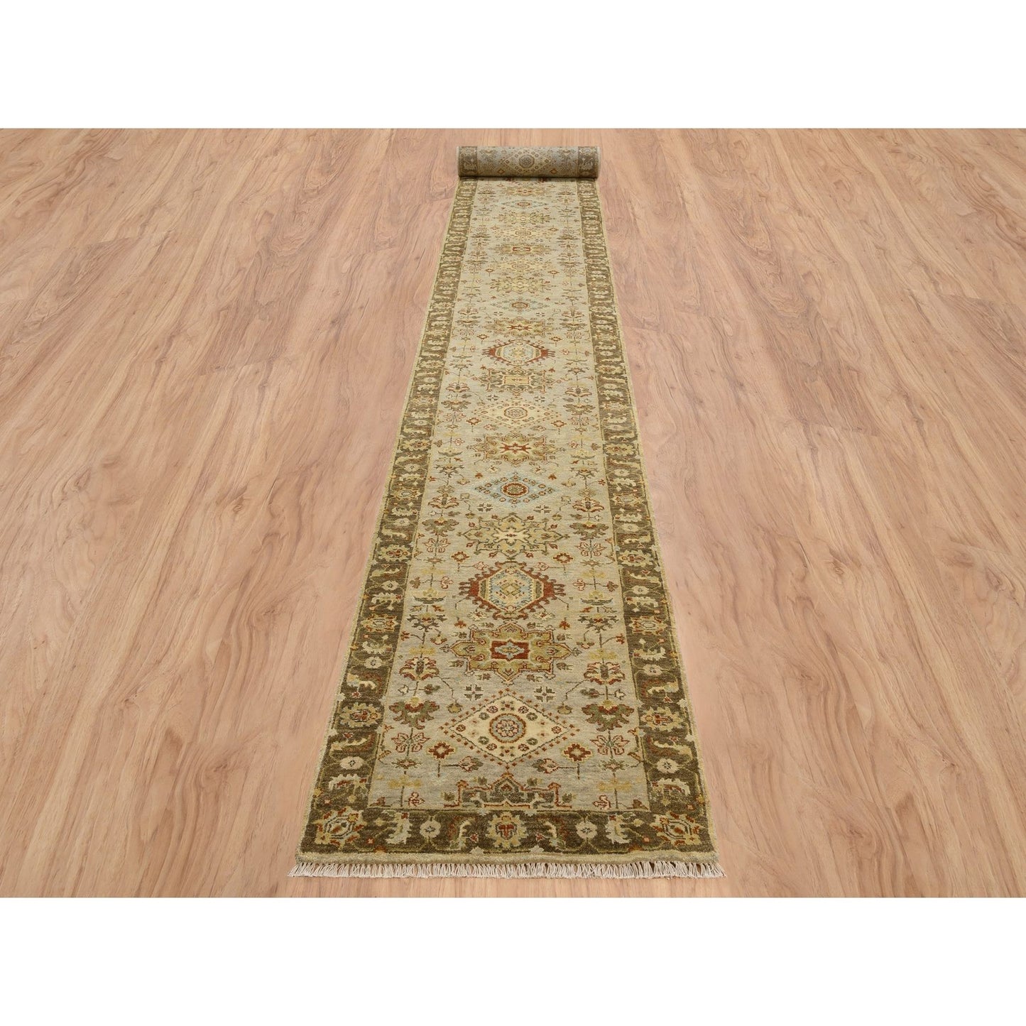 2'6"X21'10" Light Gray Medallions Hand Knotted Karjihooz Wool Runner Rug