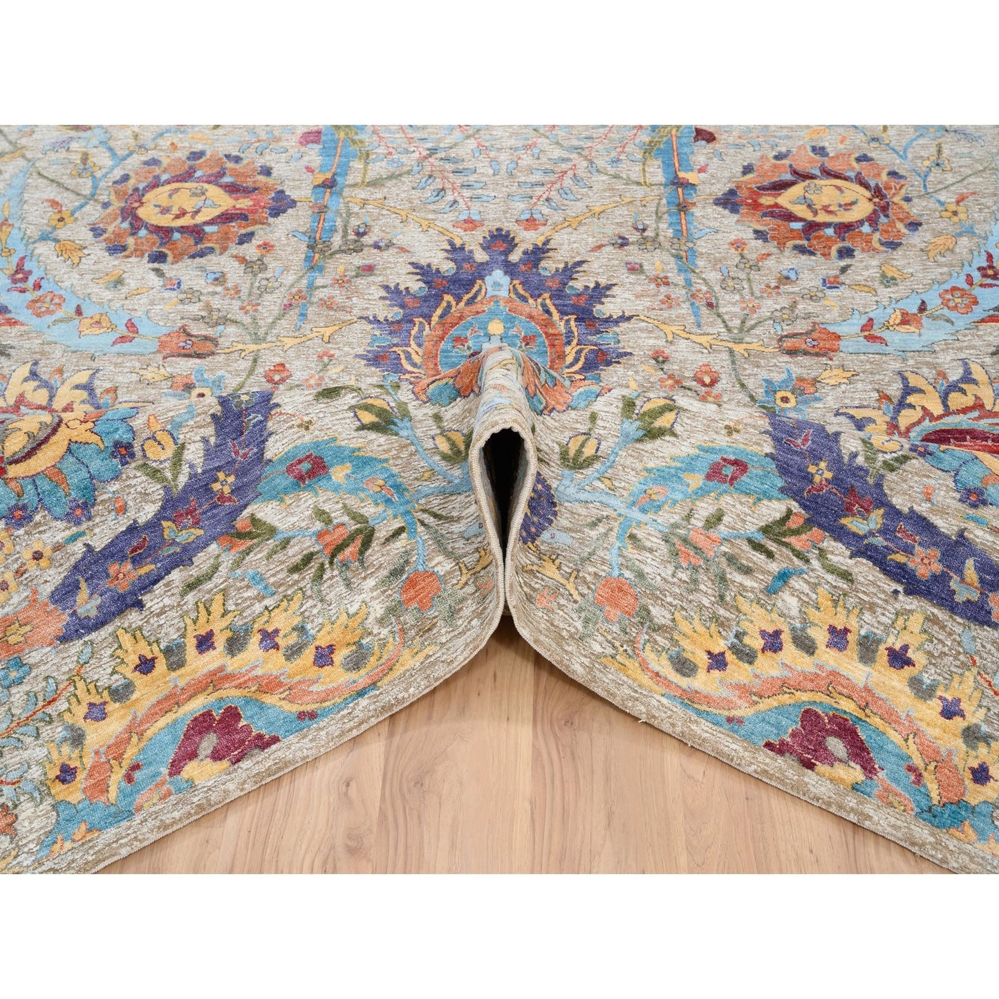 9'1"X12'4" Silk With Wool Hand Knotted Tan Sickle Leaf Design Rug