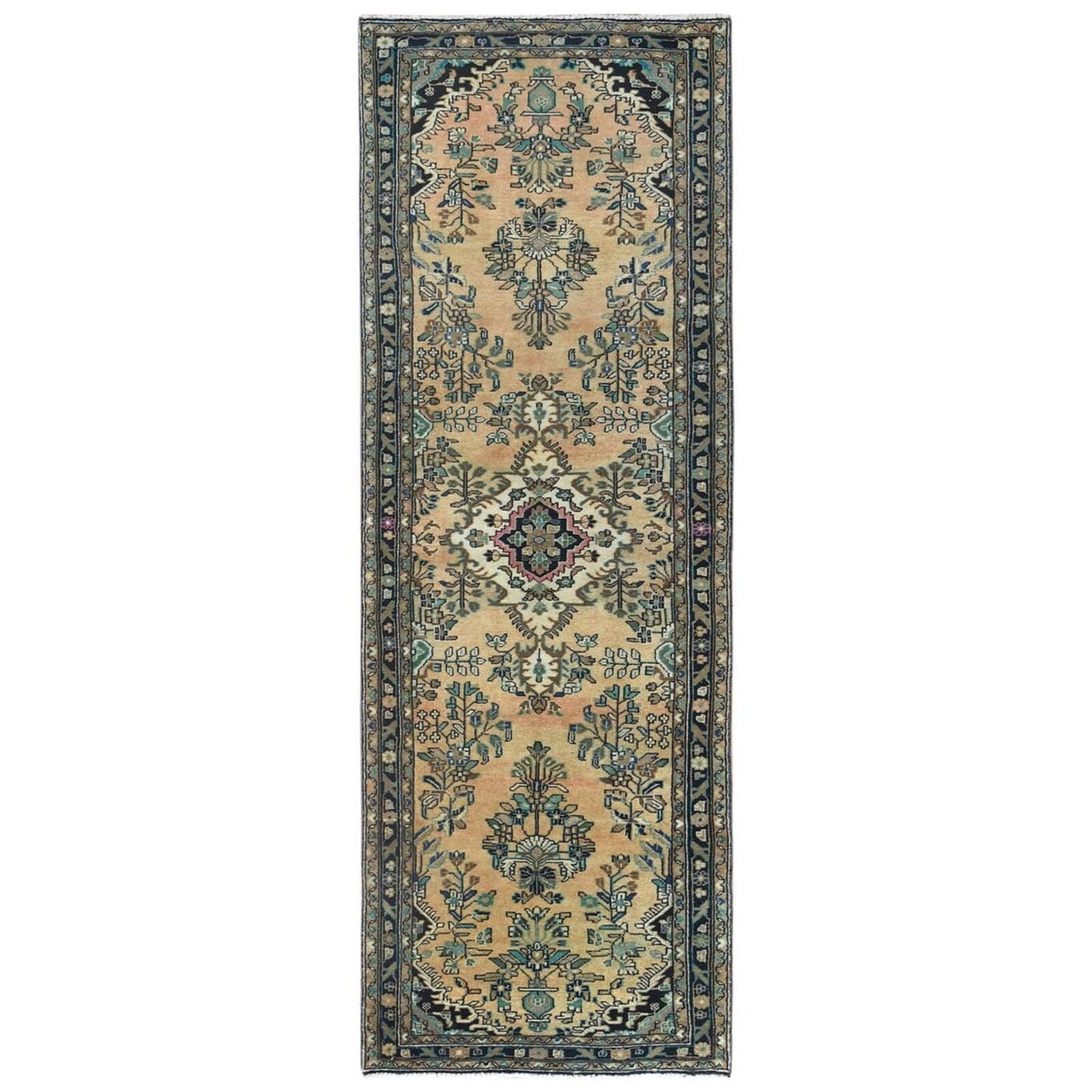 3'5"X10'1" Brown Vintage Farsian Worn Wool Hand Knotted Wide Runner Rug