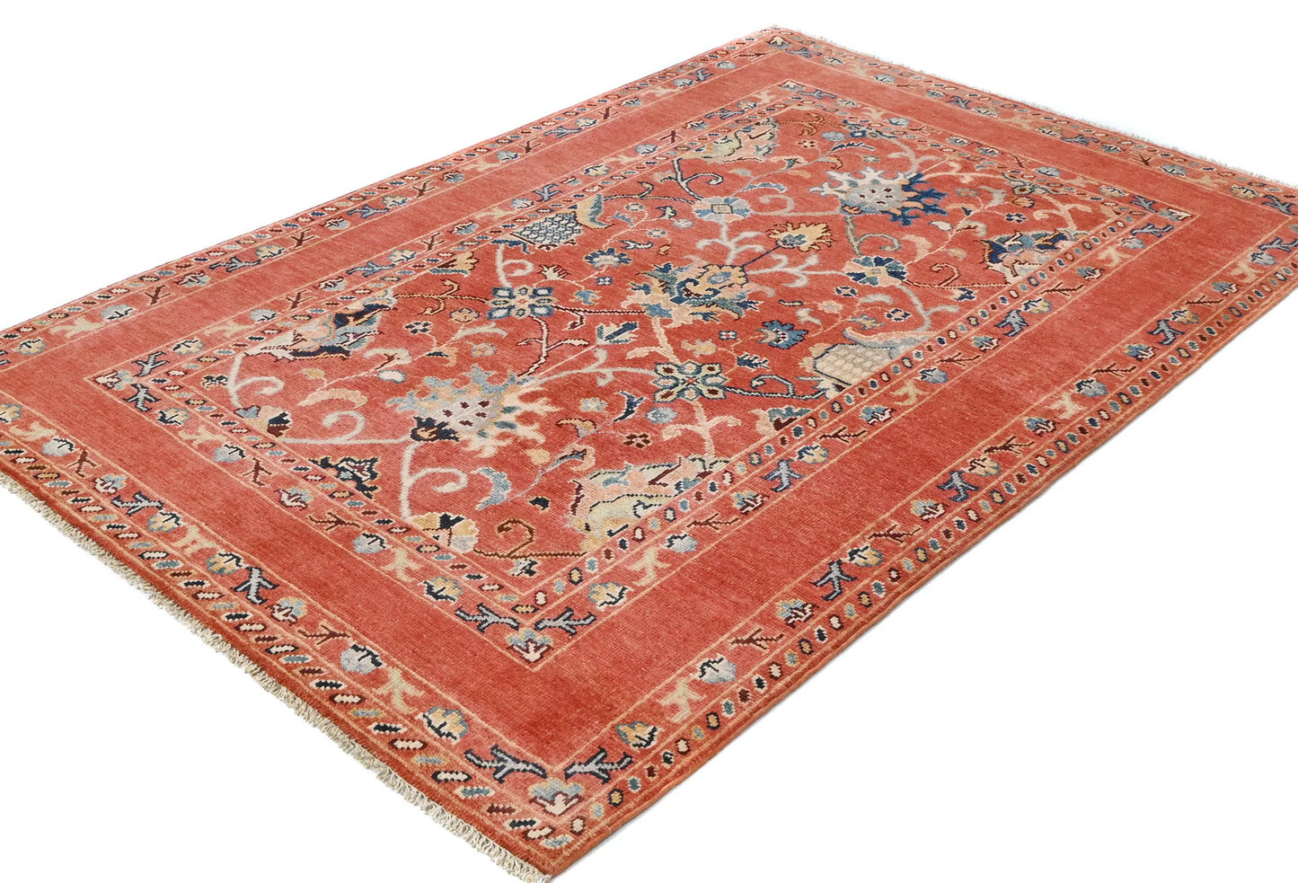 Orange Kazak Peshawar Rug 4X6 Ft Tribal Floral