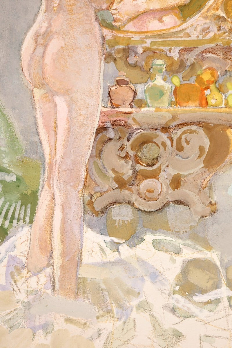 Erno Zorad "Mirror" Signed Watercolor Nude Painting - Rare Hungarian Artist