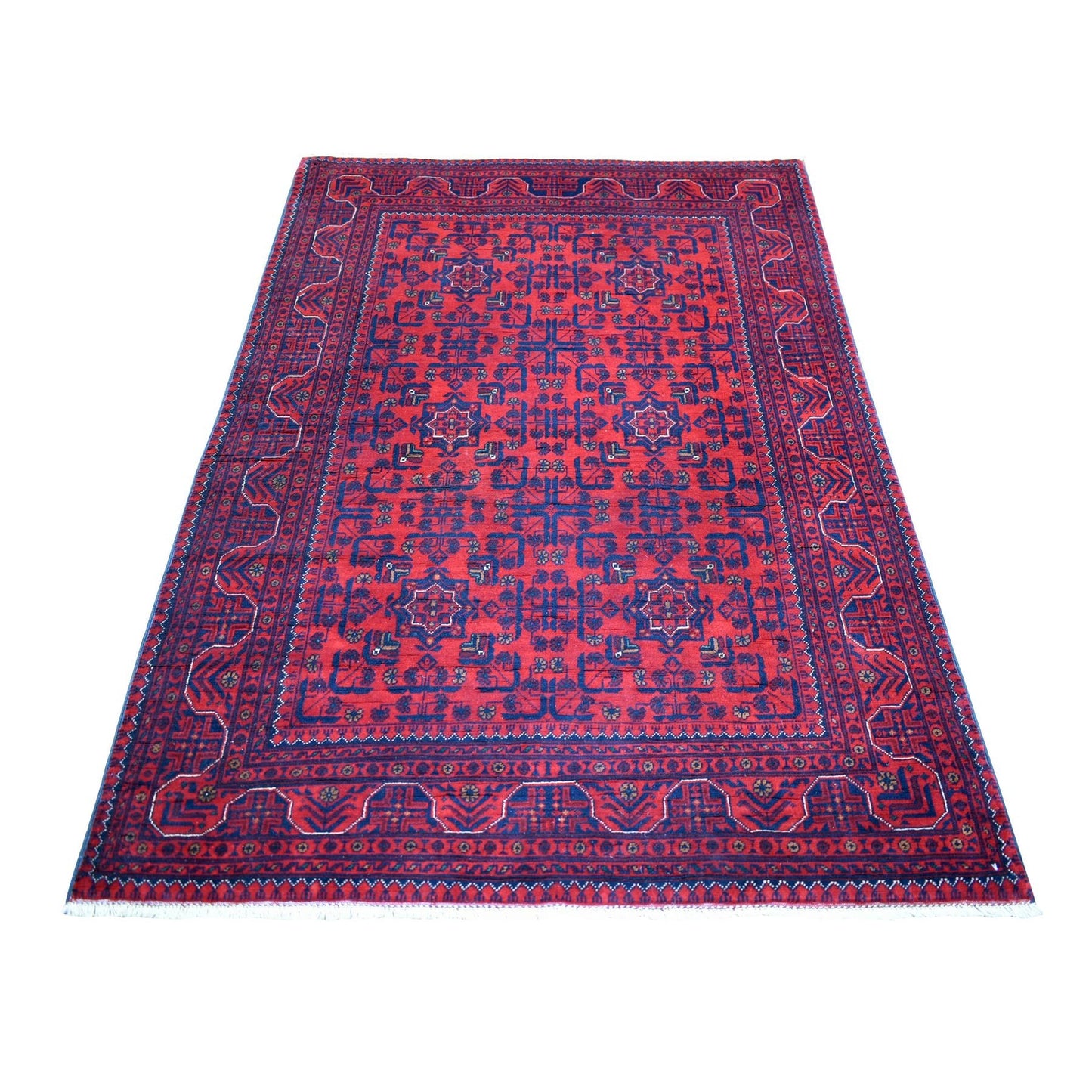 4'4"X6'3" Deep Red Afghan Khamyab Shiny Wool Hand Knotted Rug