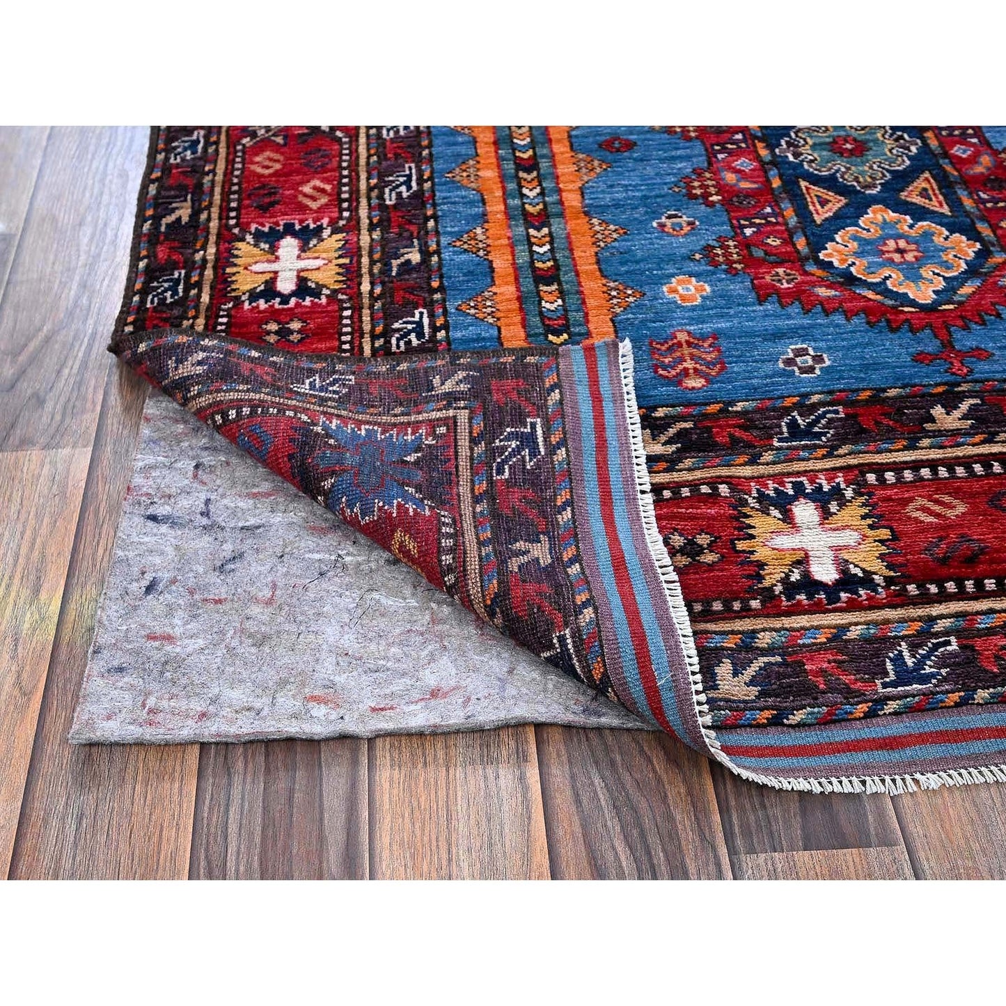 6'3"X9'1" Blue Afghan Caucasian Design Revival Hand Knotted Soft Wool Rug