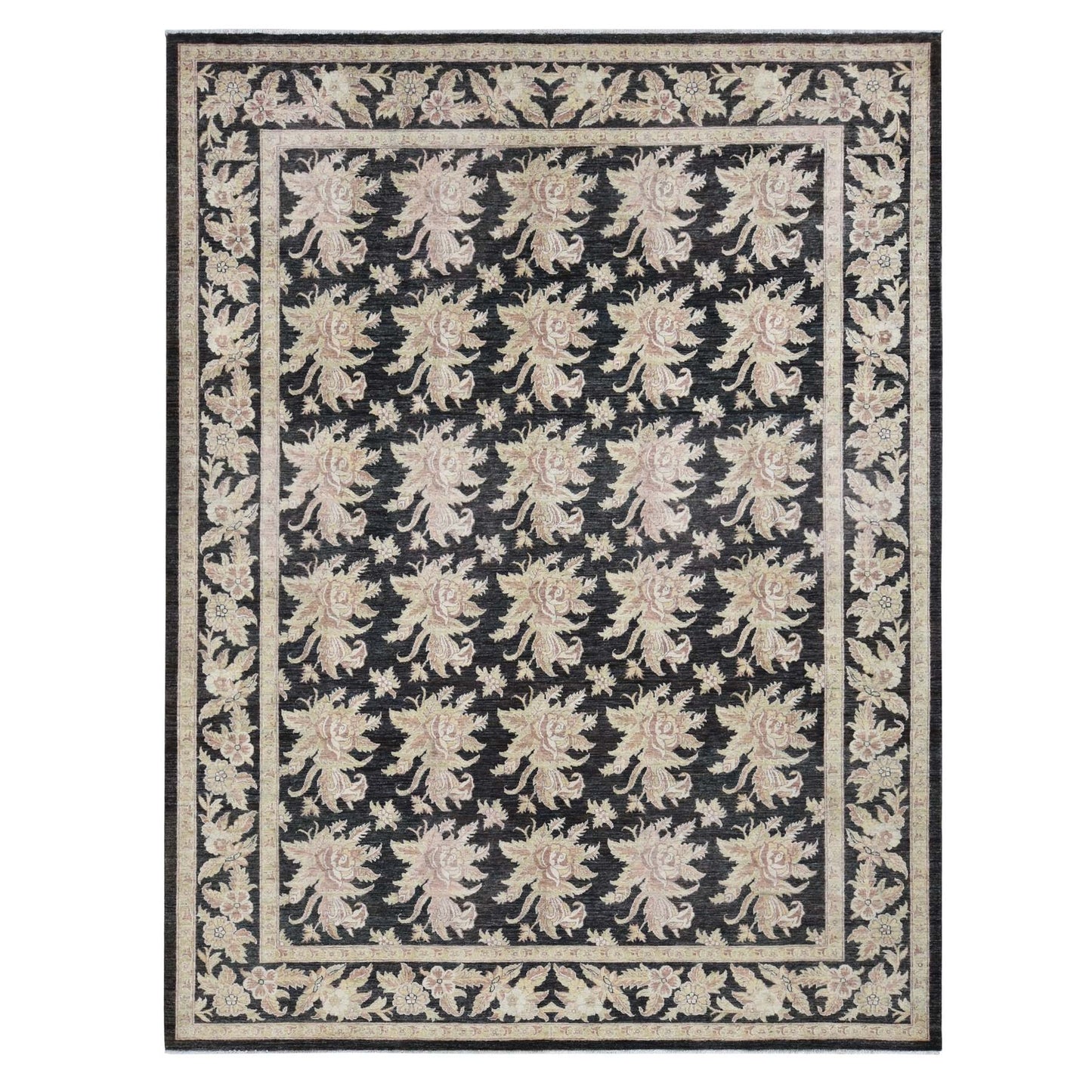9'1"X12'4" Black Fine Peshawar Design Hand Knotted Pure Wool Rug