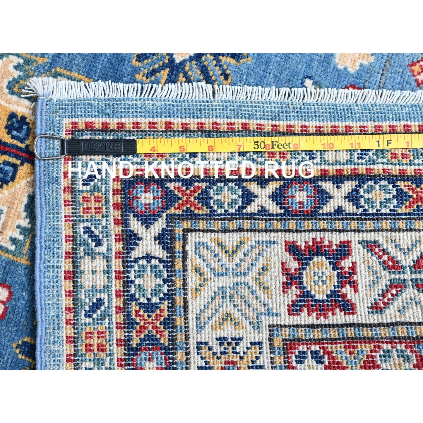 3'2"X16'1" Blue Kazak With Medallions Design Hand Knotted Wool Runner Rug