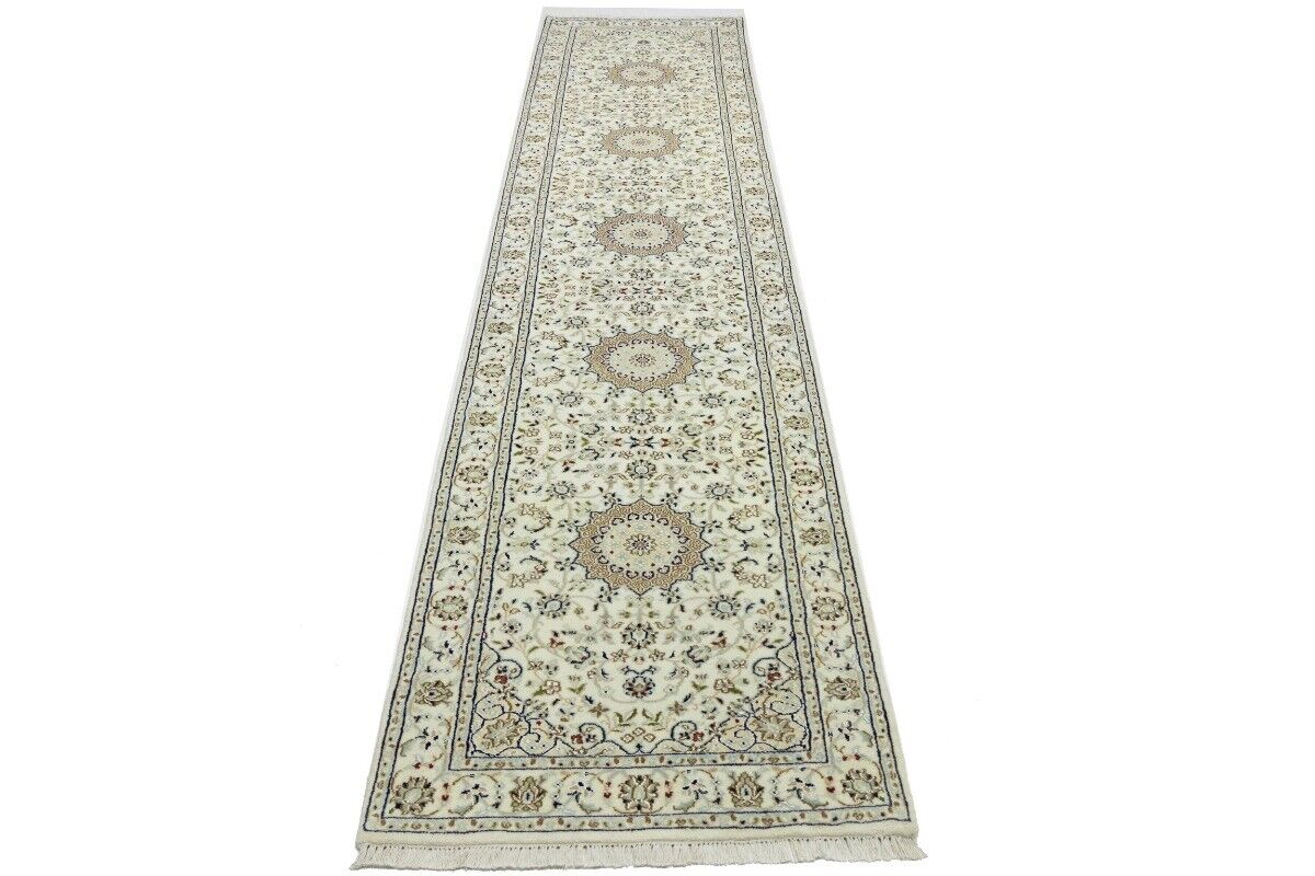 Handmade Indo-Nain Floral Medallion Runner Rug