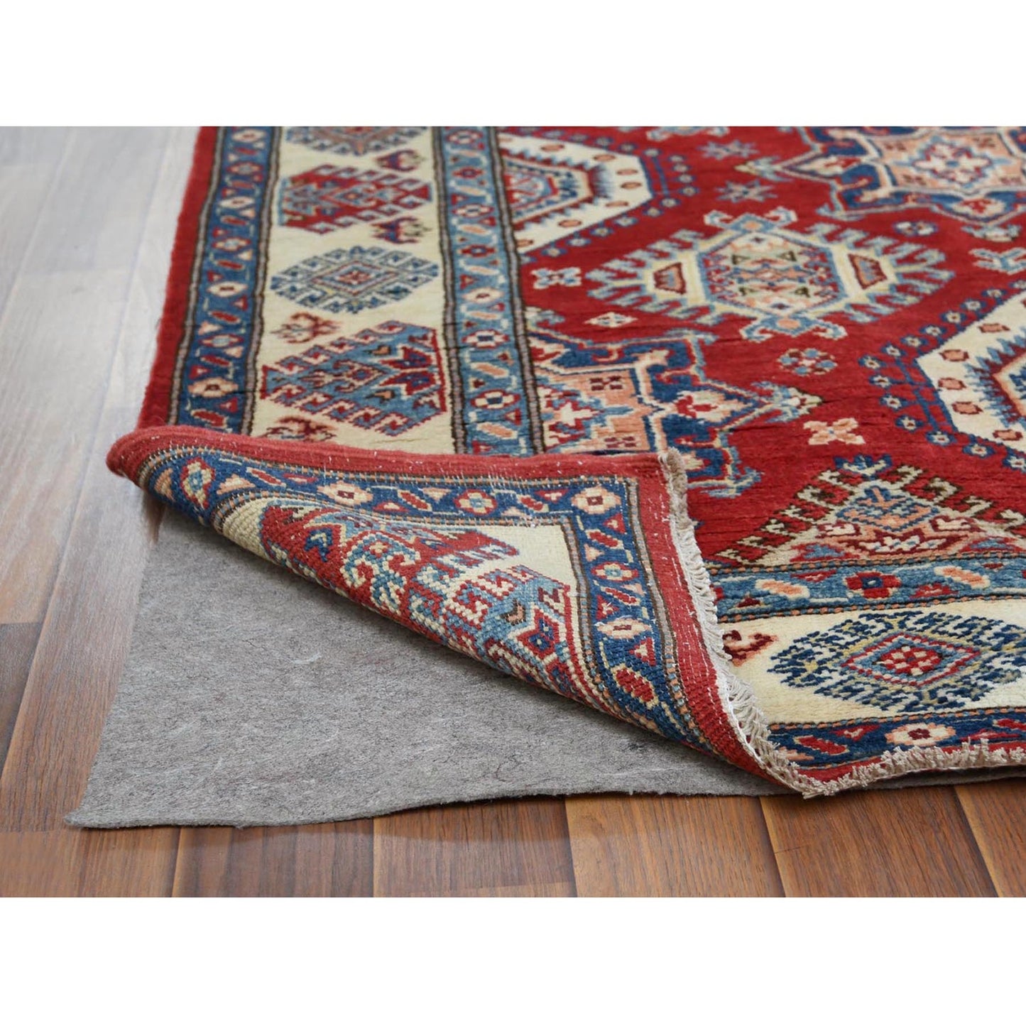 4'X5'9" Red Caucasian Design Special Kazak Hand Knotted Natural Wool Rug