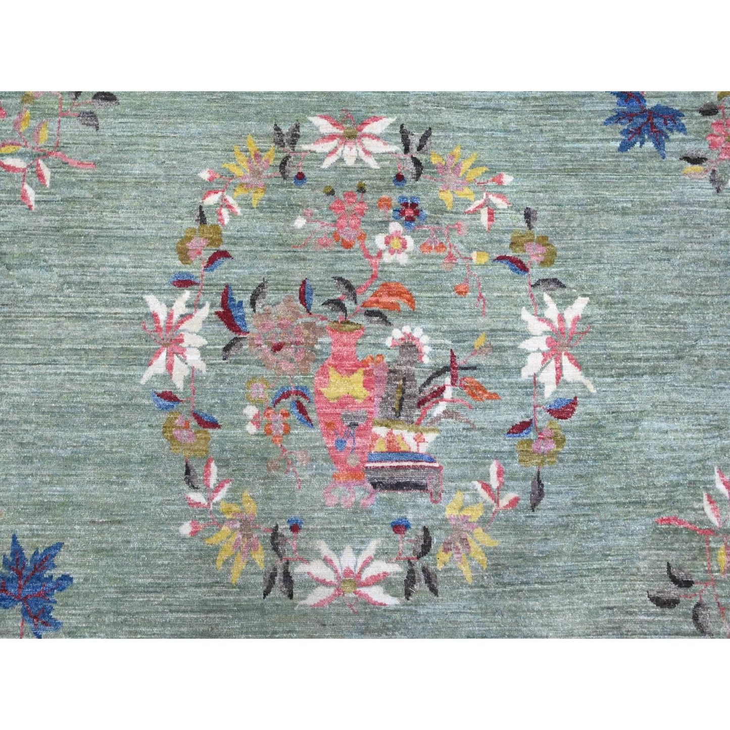 9'X11'9" Green Chinese Art Deco Revival Hand Knotted Pure Wool Rug