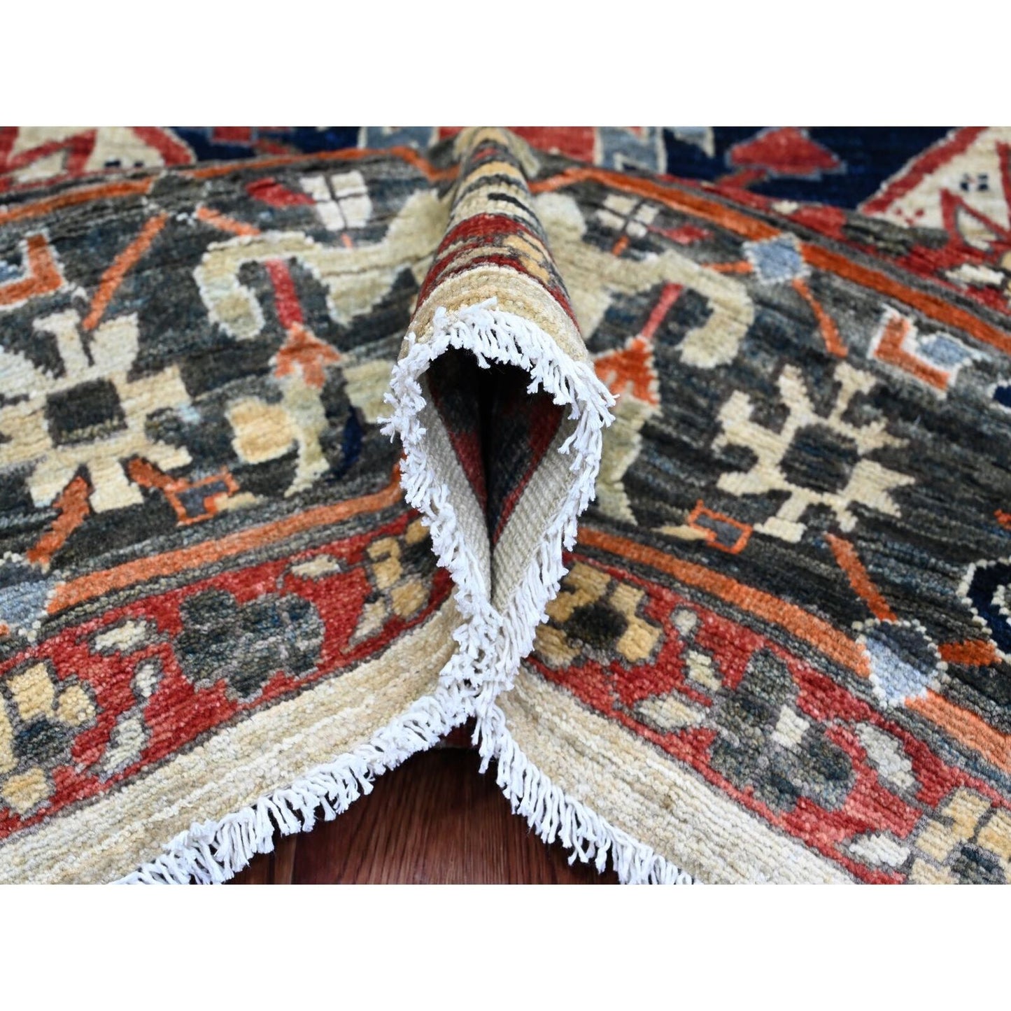 8'2"X10' Brown With Blue Hand Knotted Aryana Seeripe Heris Pure Wool Rug