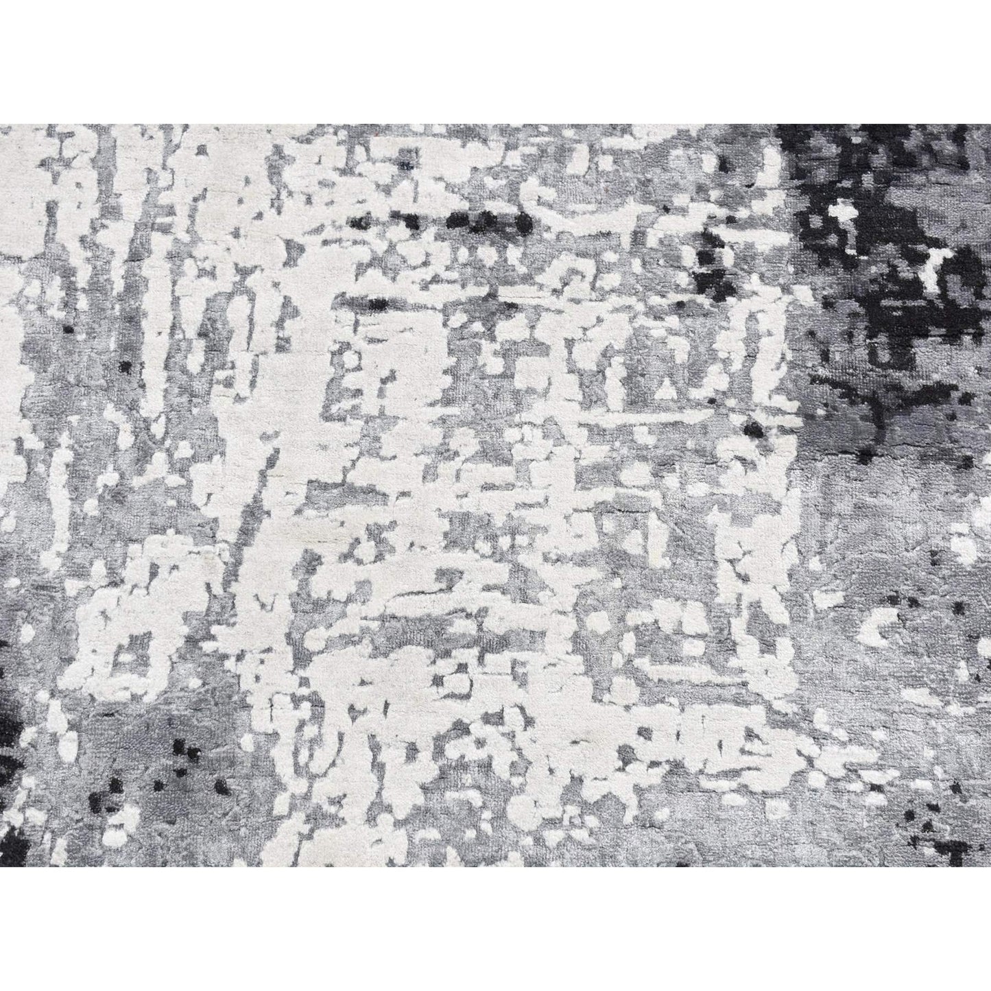 4'2"X13'1" Gray Abstract Design Wool & Silk Hand Knotted Wide Runner Rug