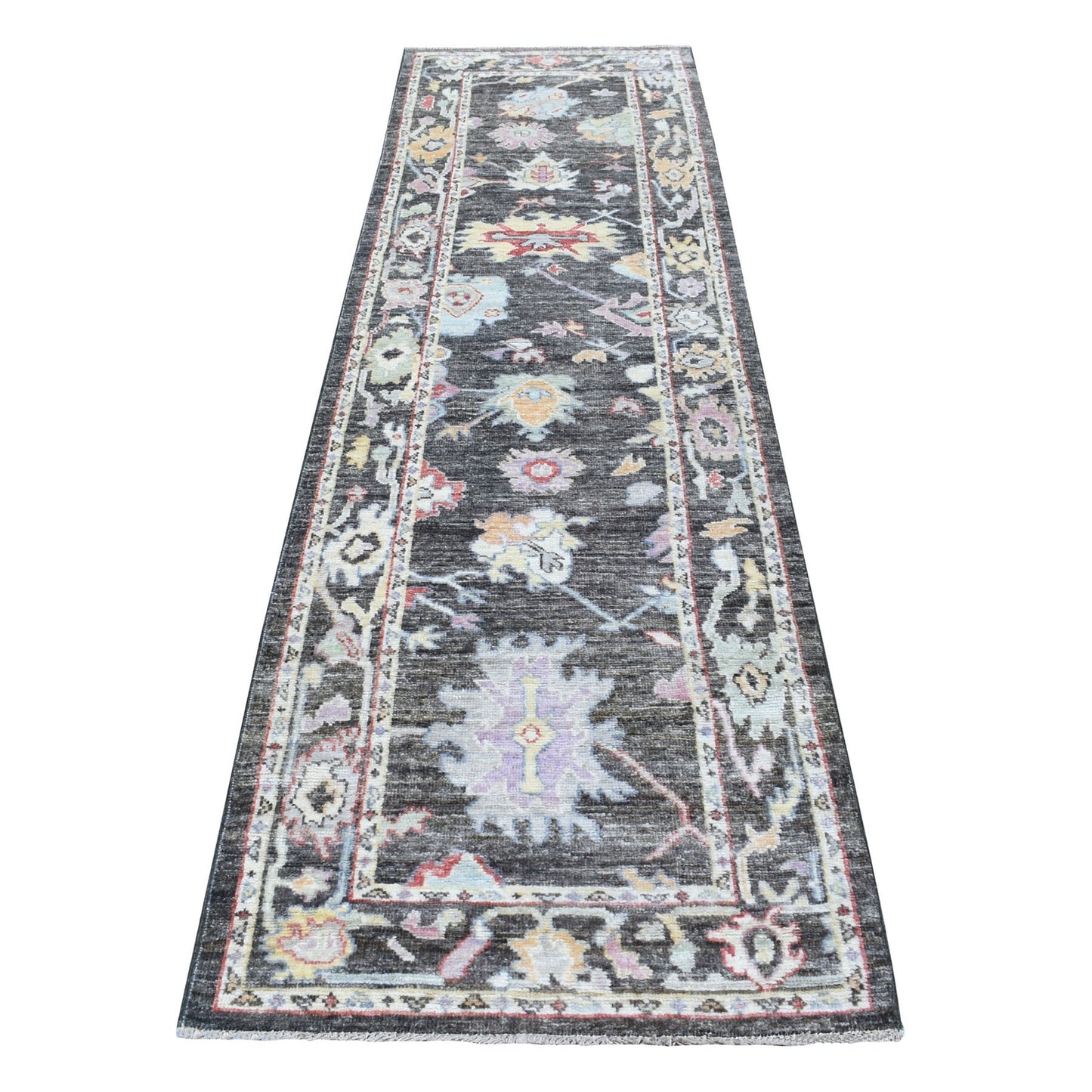 2'10"X9'10" Charcoal Black Angora Oushak Soft Wool Handknotted Runner Rug