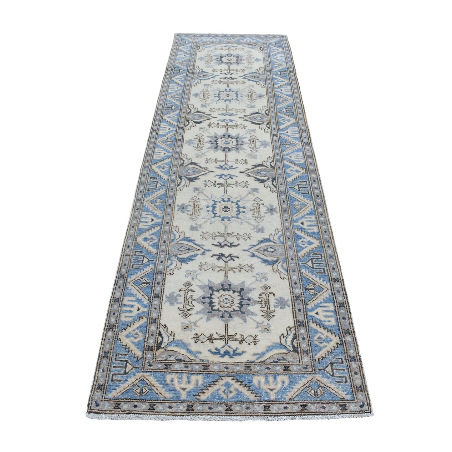 2'8"X9'1" Ivory Hand Knotted Vintage Look Kazak Wool Tribal Runner Rug