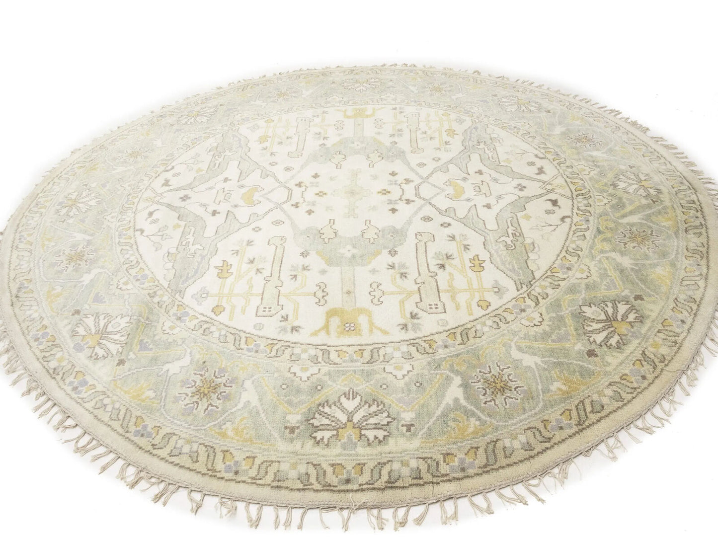 Hand-Knotted Cream Oushak Floral Round Rug