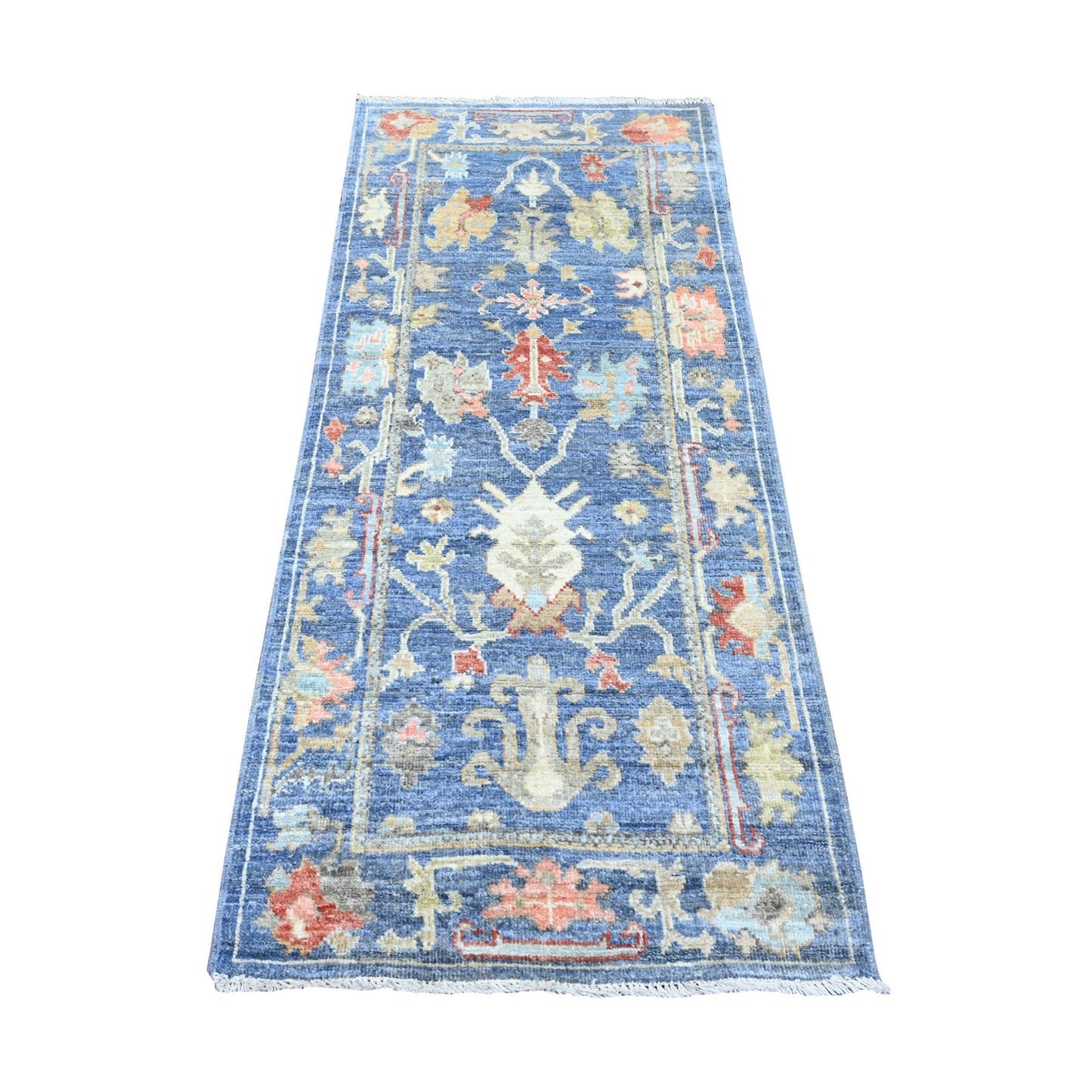 2'9"X6'2" Blue Hand Knotted Afghan Angora Oushak Leaf Design Wool Runner