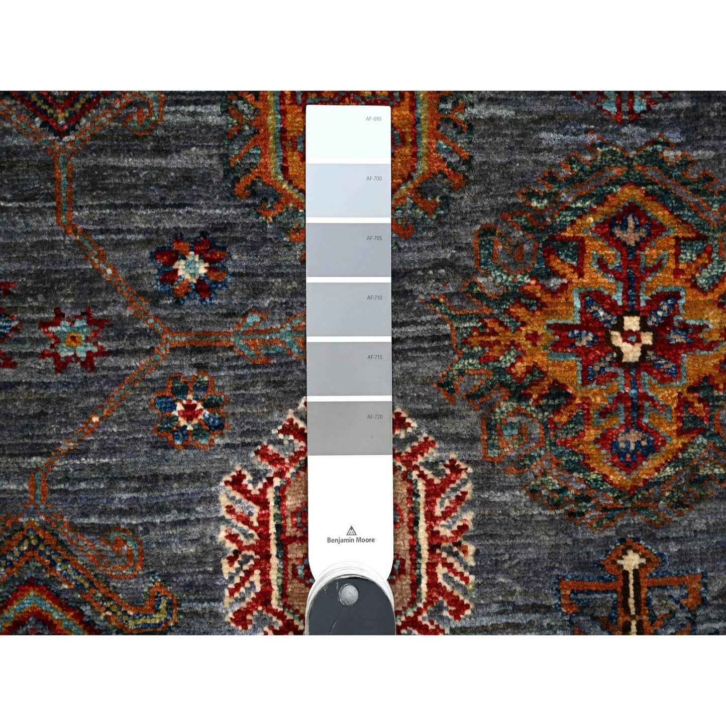 8'X9'6" Slate Gray Hand Knotted Geometric Super Kazak Wool Oriental Rug