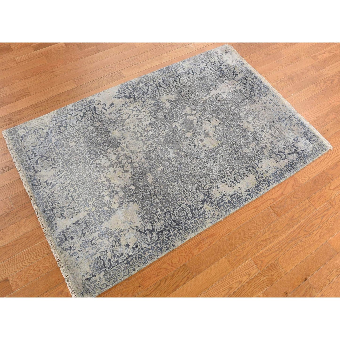 4'X6' Spruce Blue Wool & Pure Silk Erased Zoroastrian Design Oriental Rug