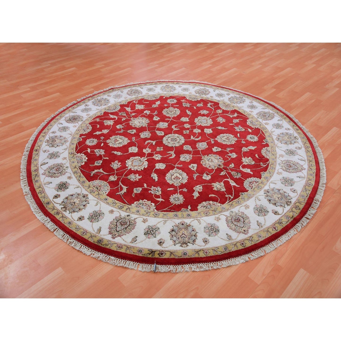 8'X8' Red Dahlia Wool And Silk Hand Knotted Rajasthan Design Round Rug