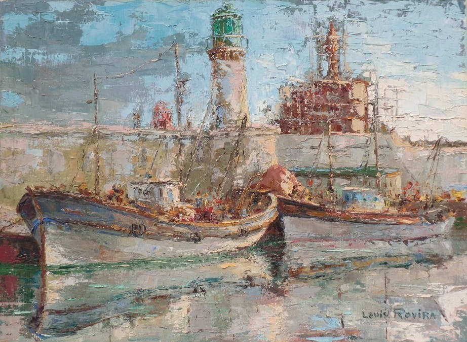 Louis Rovira Original Oil Painting P20 Port Scene Harbor Boats Signed France