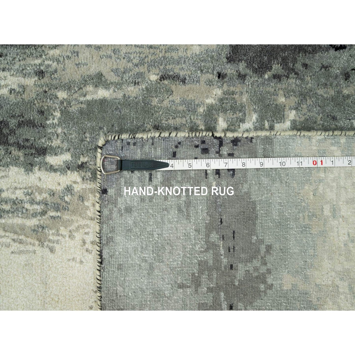 2'7"X10' Pitch Black Abstract Design Wool-Silk Hand Knotted Runner Rug