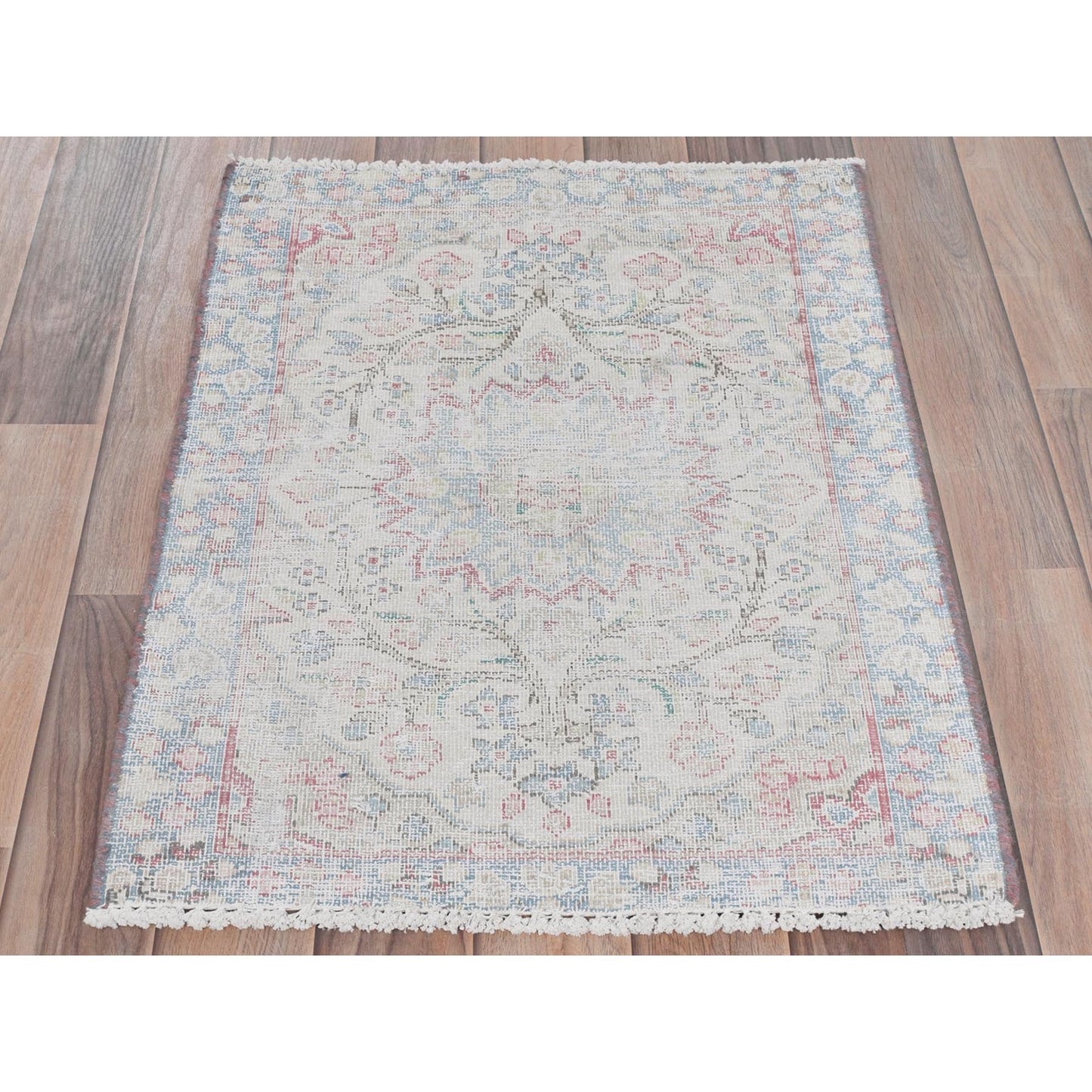 1'10"X2'6" Ivory Vintage Farsian Karman Worn Wool Hand Knotted Mat Rug
