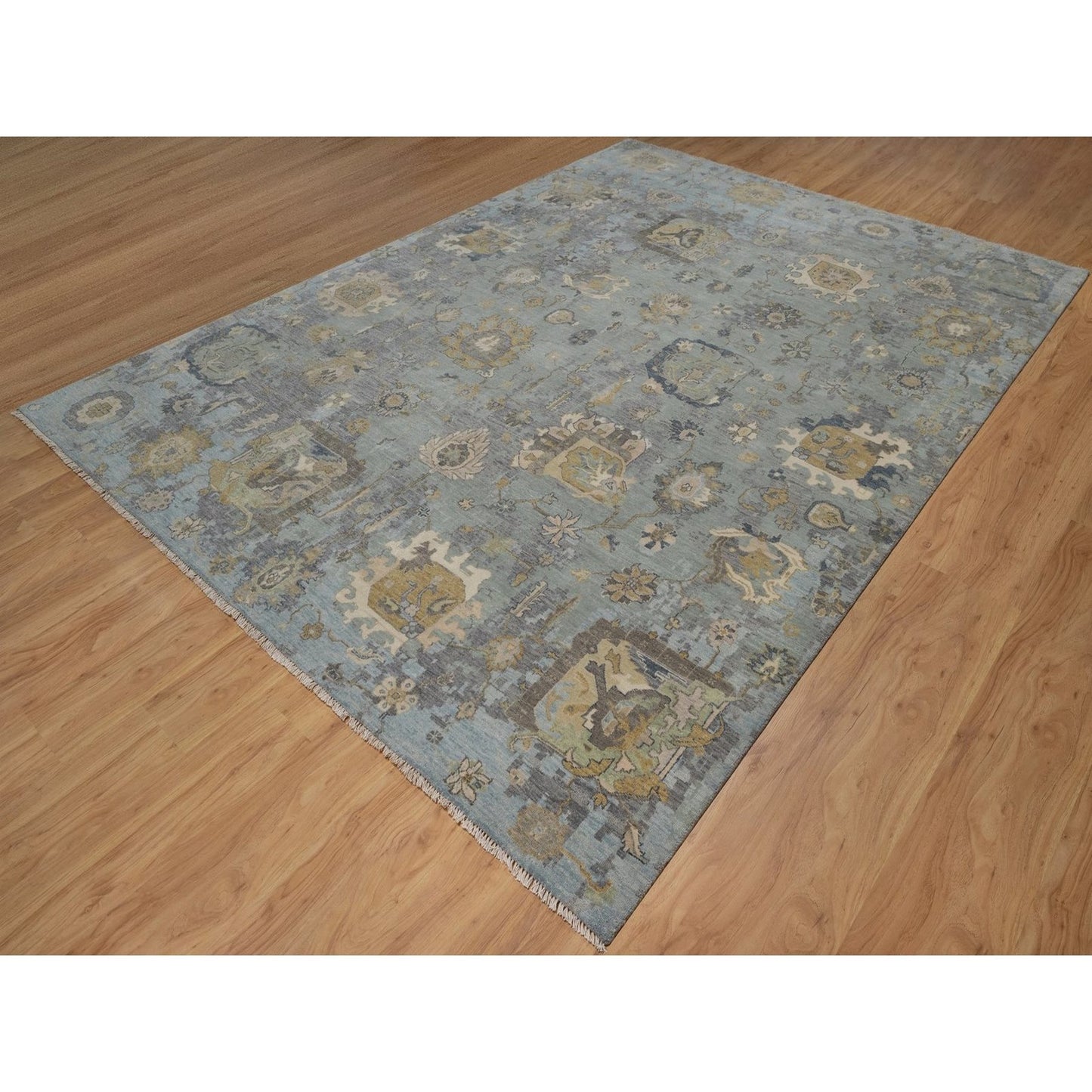 8'7"X12' Silt Green Pure Wool Rug Oushak With Leaf Pattern Hand Knotted