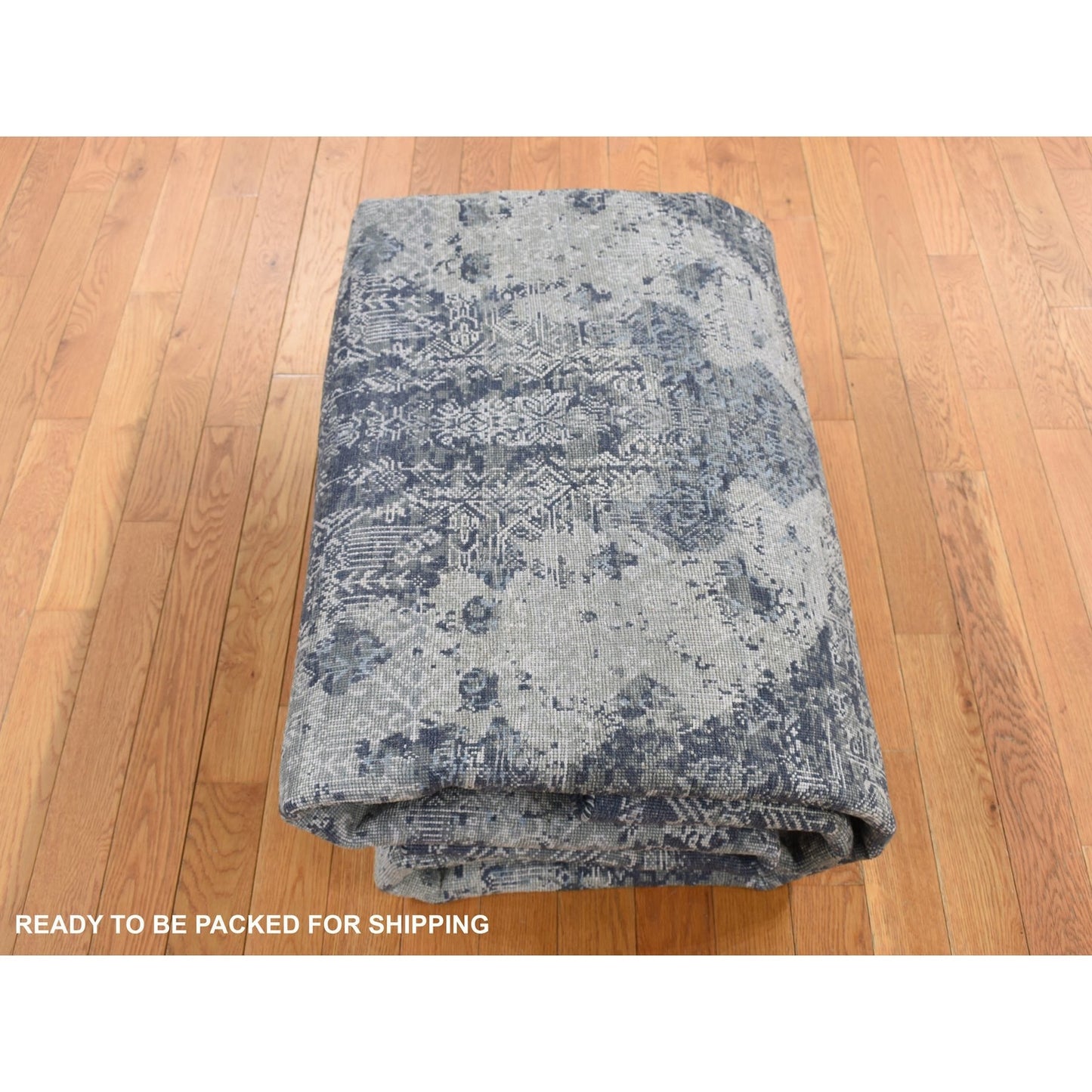 7'10"X10' Ash Gray Jewellery Design Wool And Silk Hand Knotted Rug