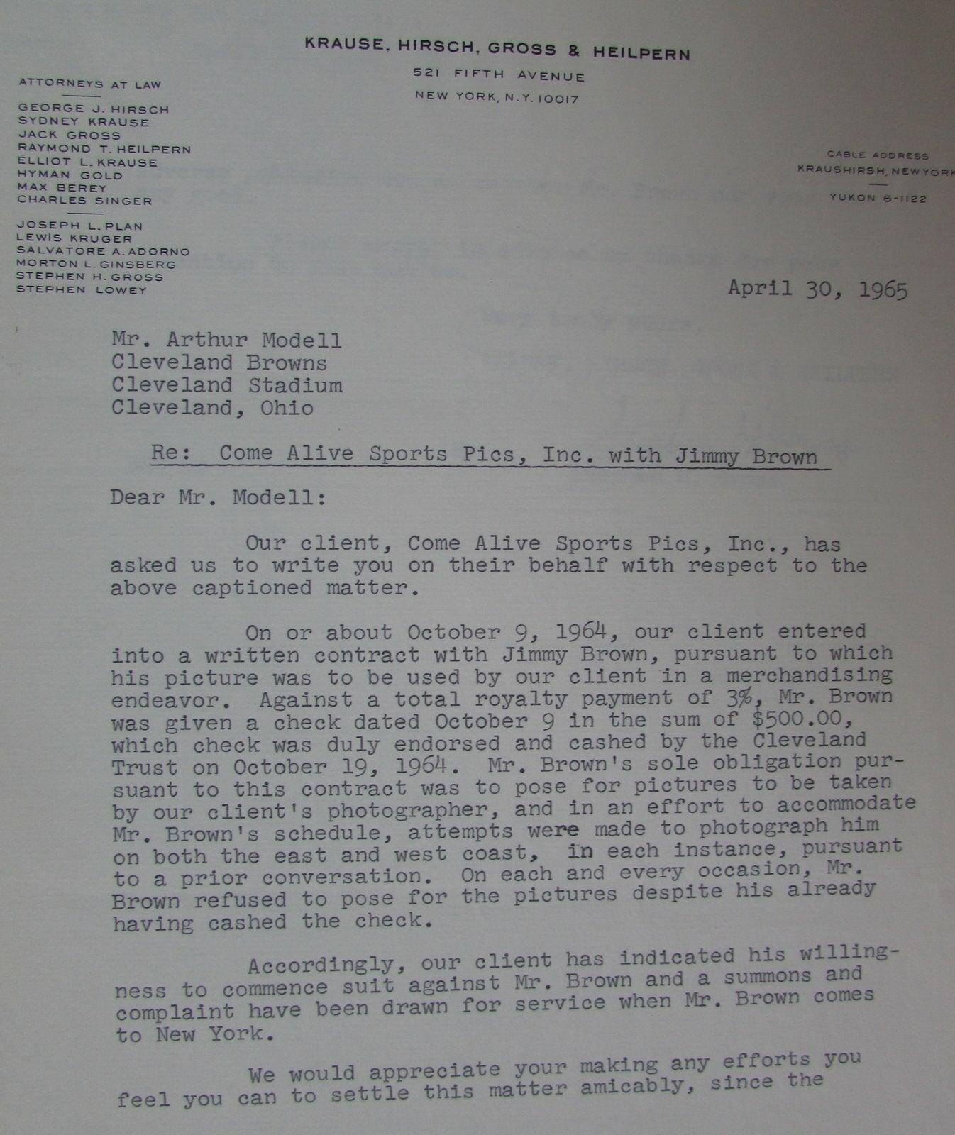 1965 Letters To And From Art Modell About Jim Brown Picture Lawsuit 145103