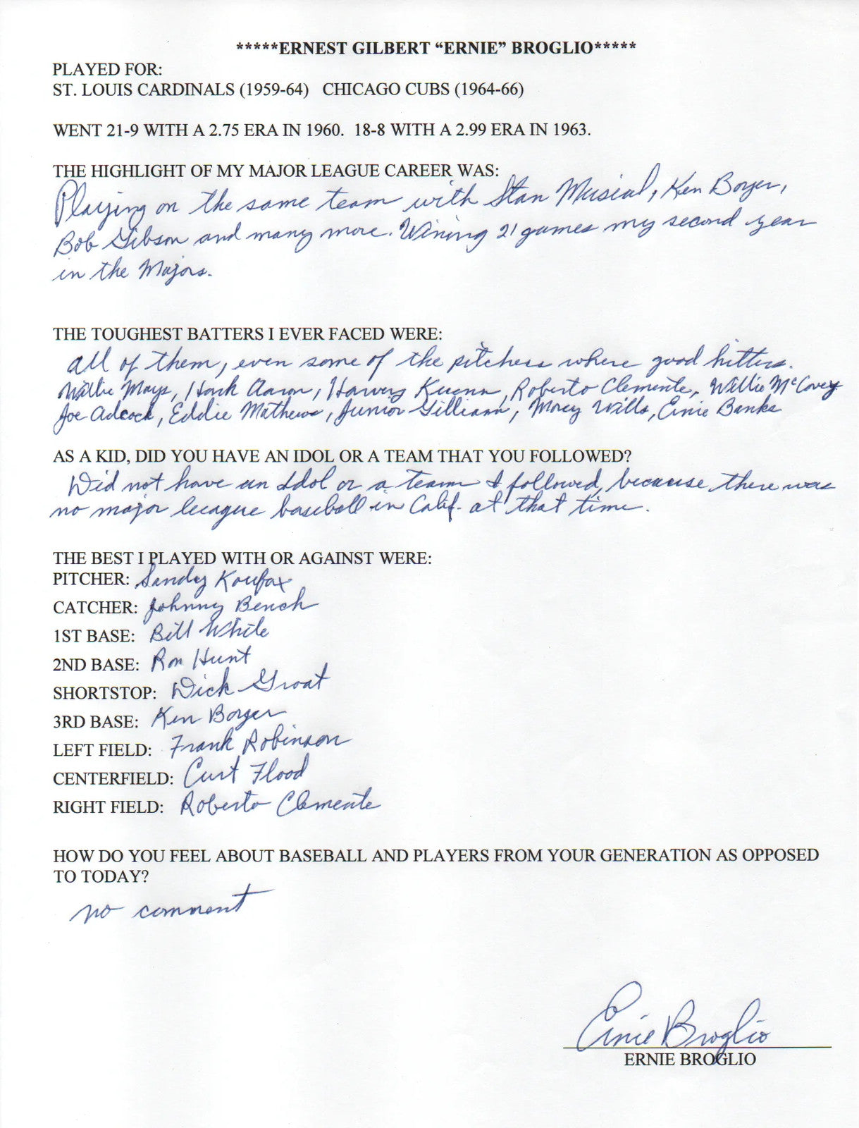 Ernie Broglio Autographed Hand Filled Out Survey