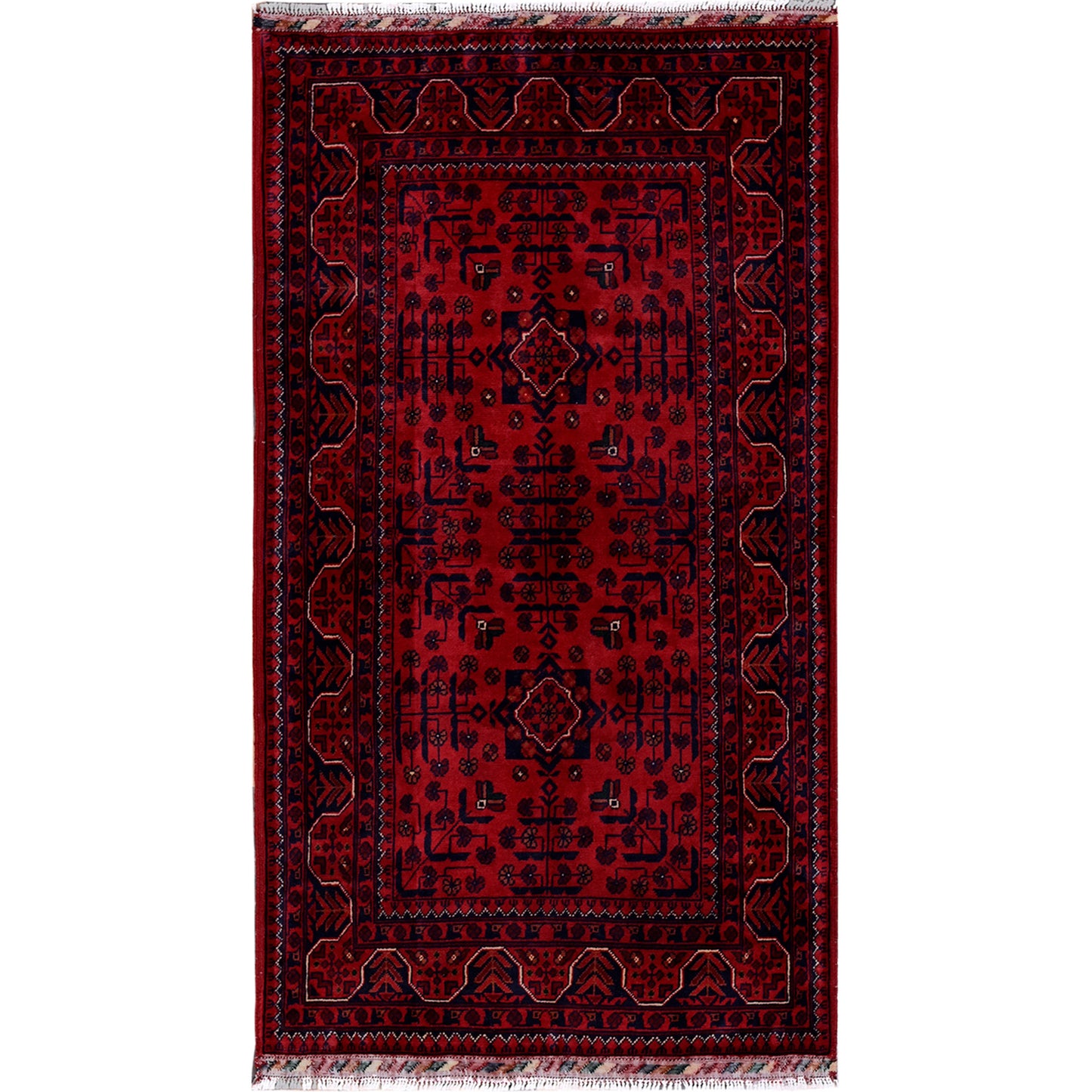 2'9"X5' Red Afghan Khamyab Geometric Pattern Hand Knotted Soft Wool Rug