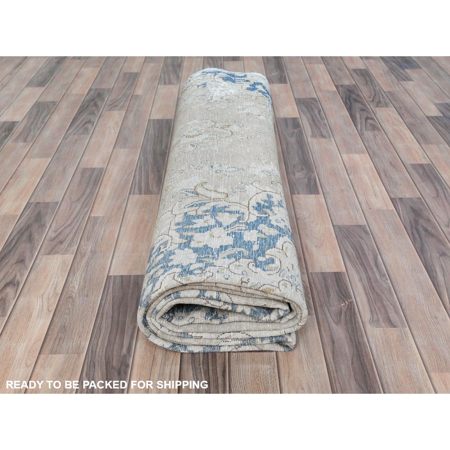 8'2"X13' Ivory Old Farsian Karman Hand Knotted Wool Distressed Look Rug