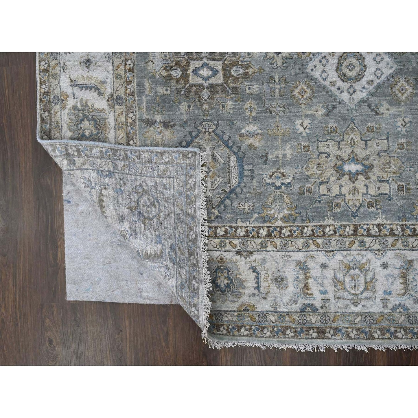 8'2"X16'3" Gray And Ivory Hand Knotted Karjihooz Design Wool Rug