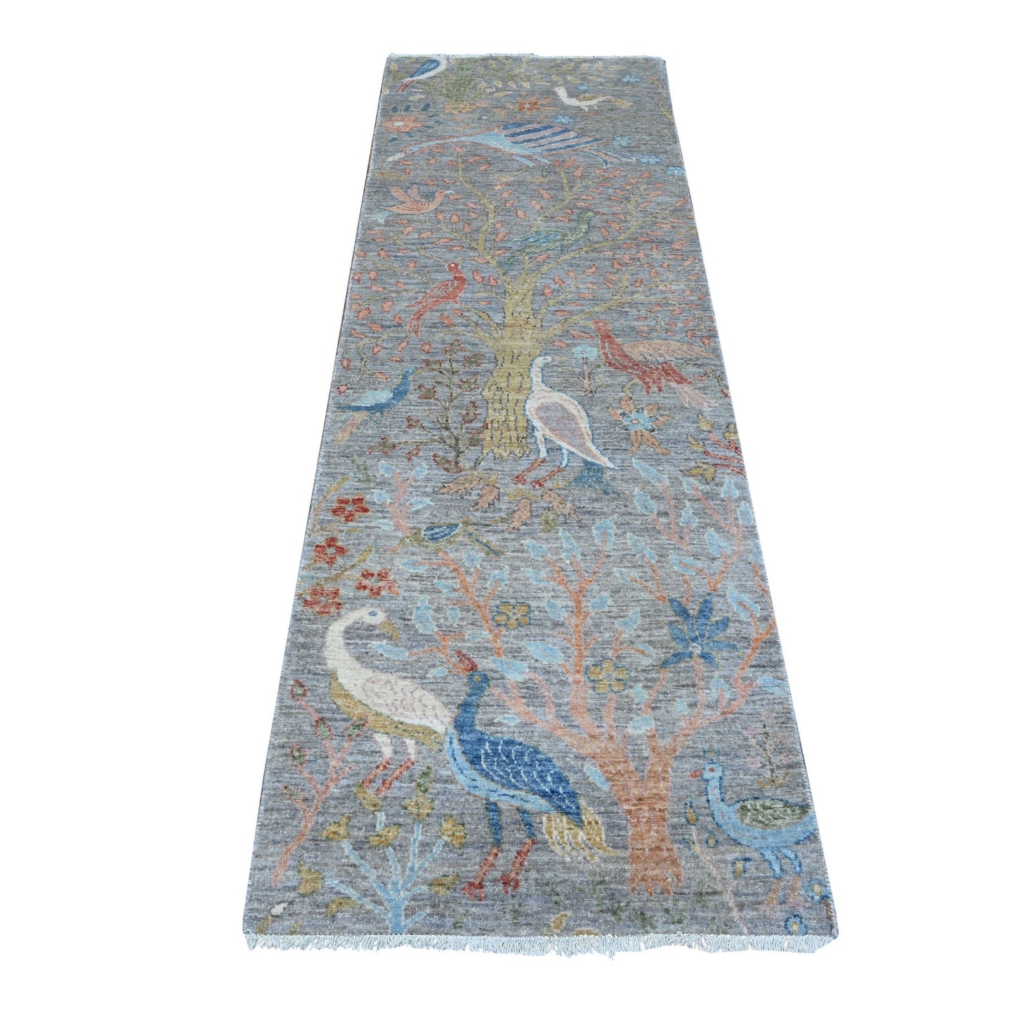 2'7"X7'9" Gray Hand Knotted Peshawar Birds Of Paradise Wool Runner Rug