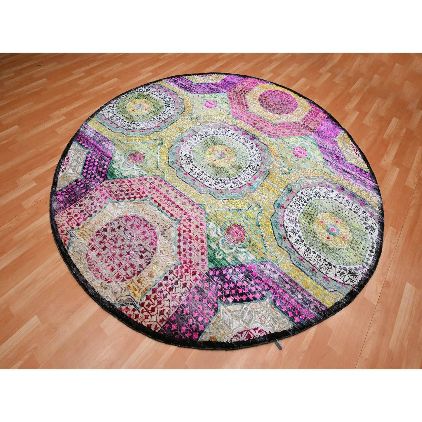 8'1"X8'1" Yellow Mamluk Design Sari Silk With Wool Hand Knotted Round Rug