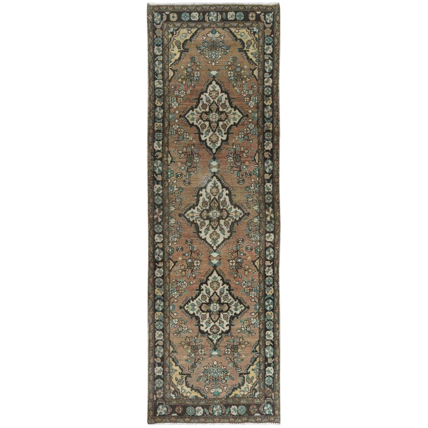 3'3"X10'4" Brown Vintage Farsian Worn Wool Hand Knotted Runner Rug