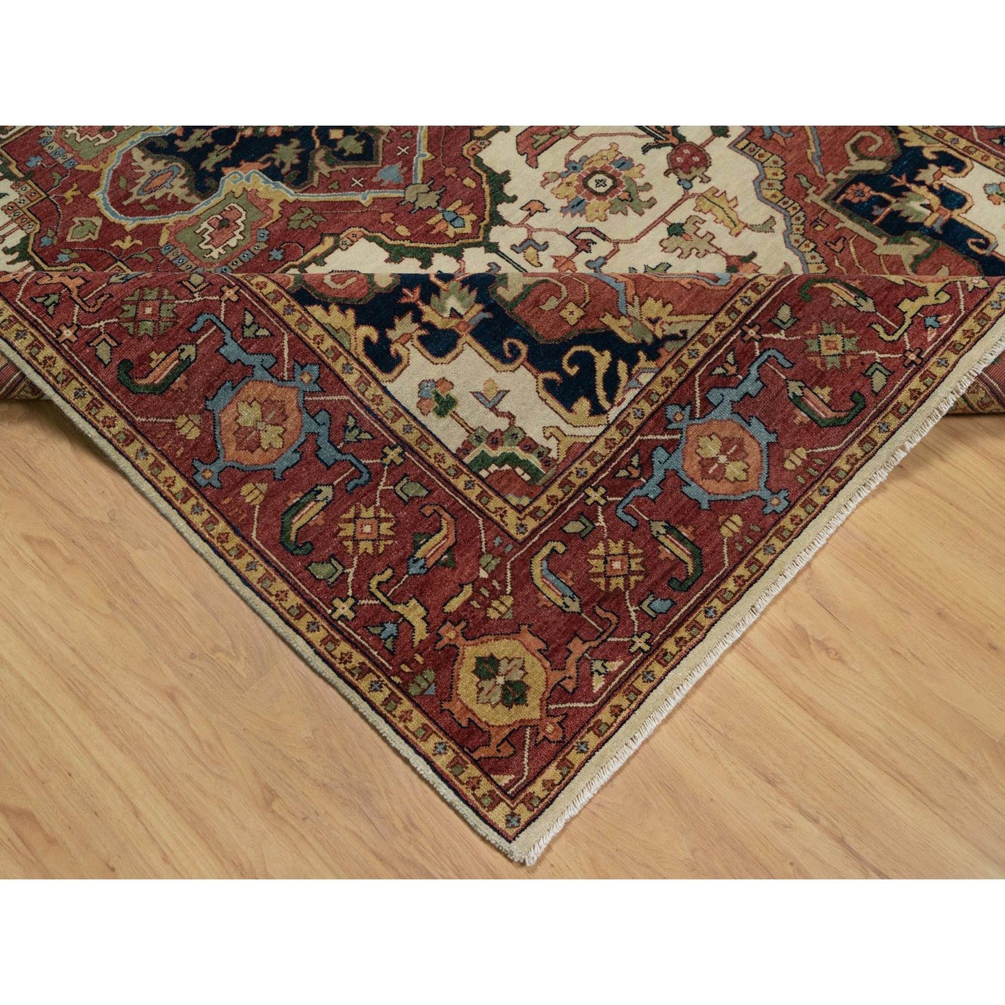 6'2"X9'1" Ivory Antiqued Heris Re-Creation Hand Knotted Soft Wool Rug