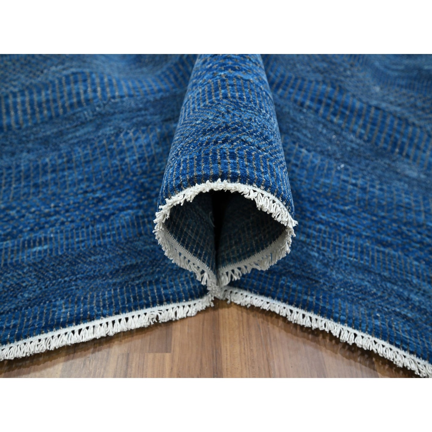 9'X12' Imperial Blue Modern Grass Design Hand Knotted Wool And Silk Rug
