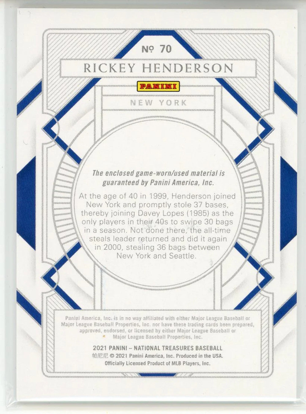 Rickey Henderson 2021 Panini National Treasures Patch Card #70