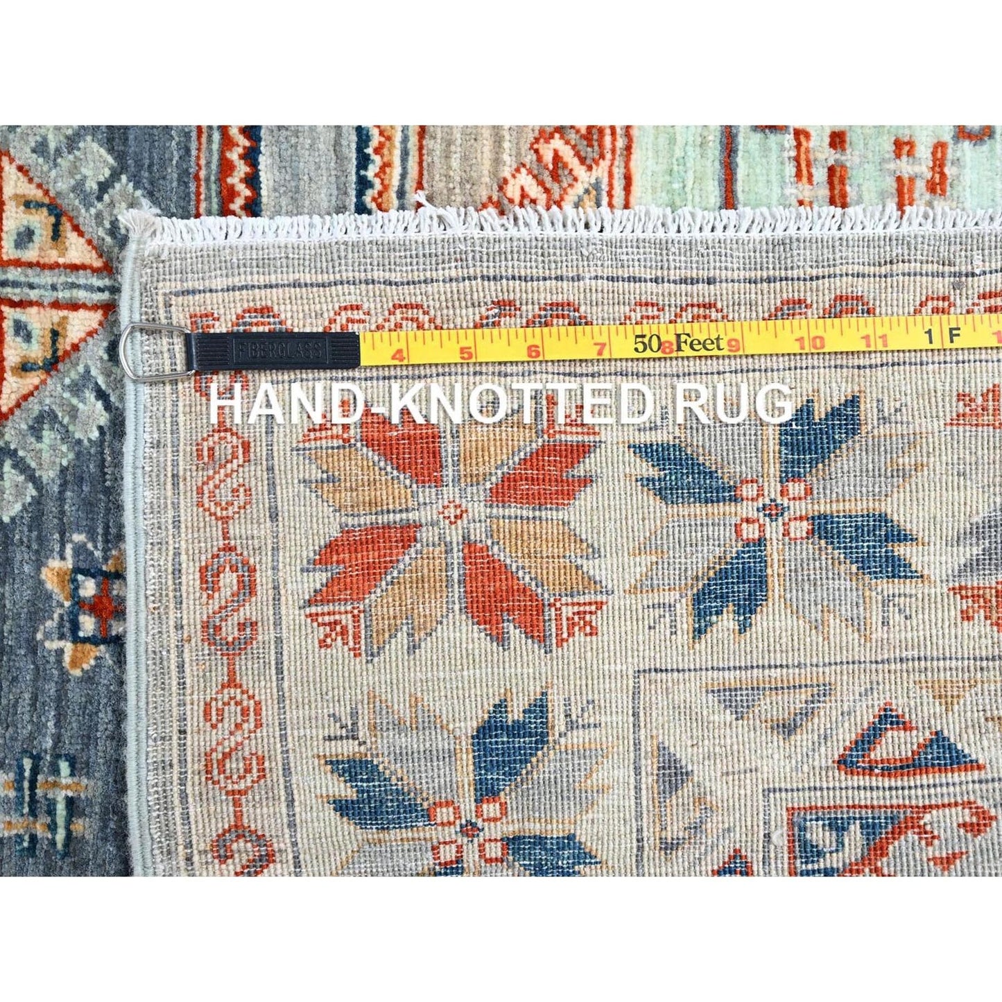 4'X11'9" Blue 200 Kpsi Wool Caucasian Design Hand Knotted Wide Runner Rug
