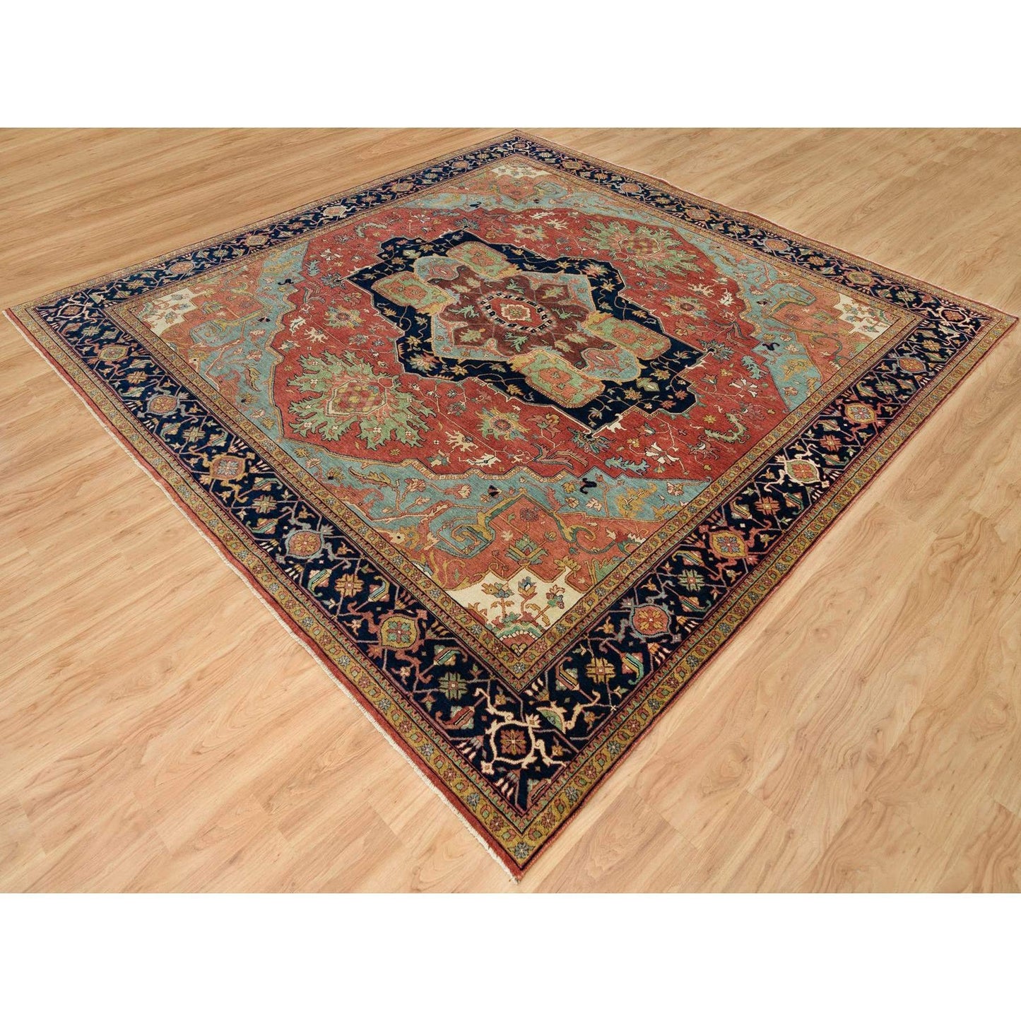 10'X10' Fire Brick Red Wool Antiqued Fine Heris Hand Knotted Square Rug