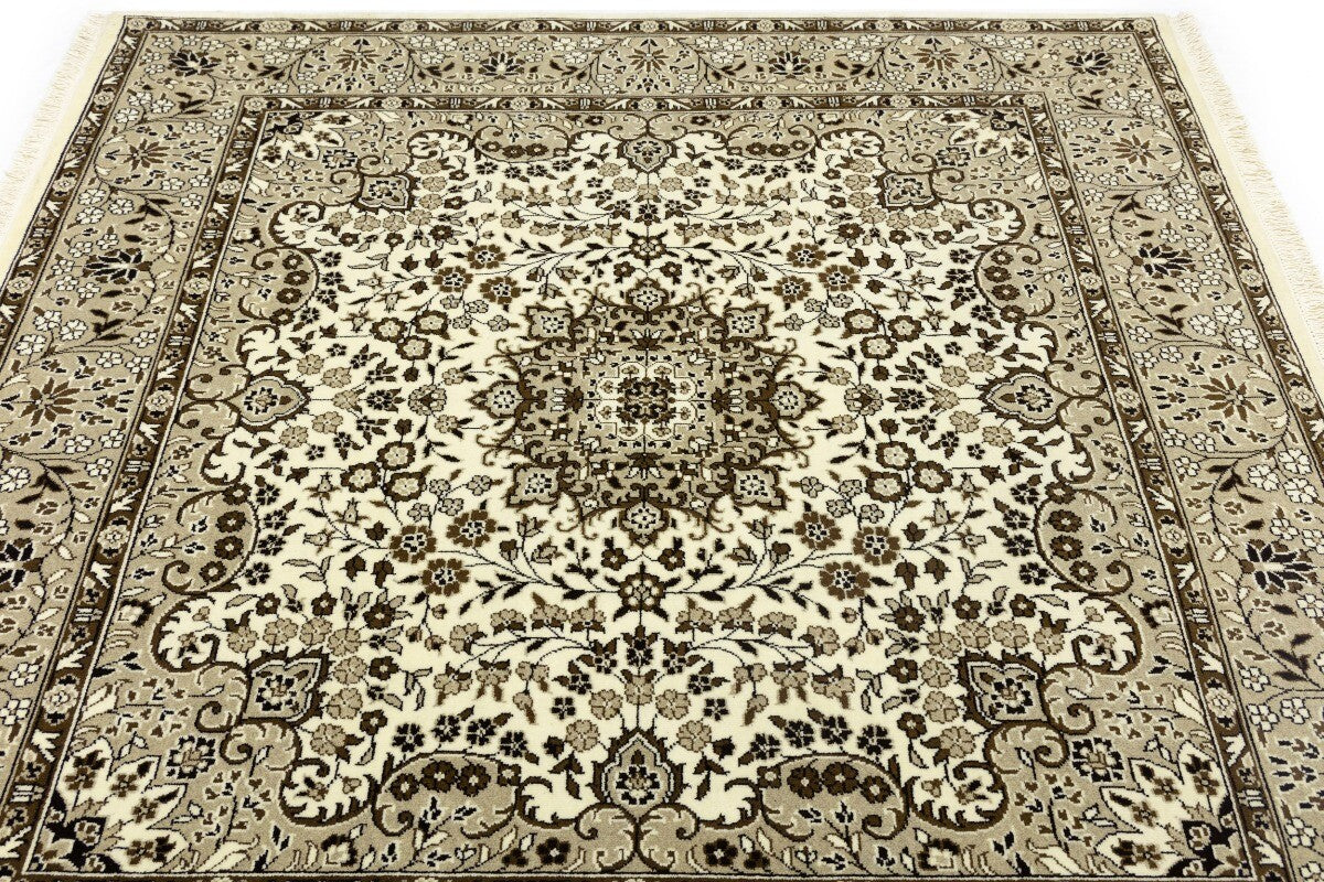 Hand-Knotted Kirman Square Rug Cream Floral Wool