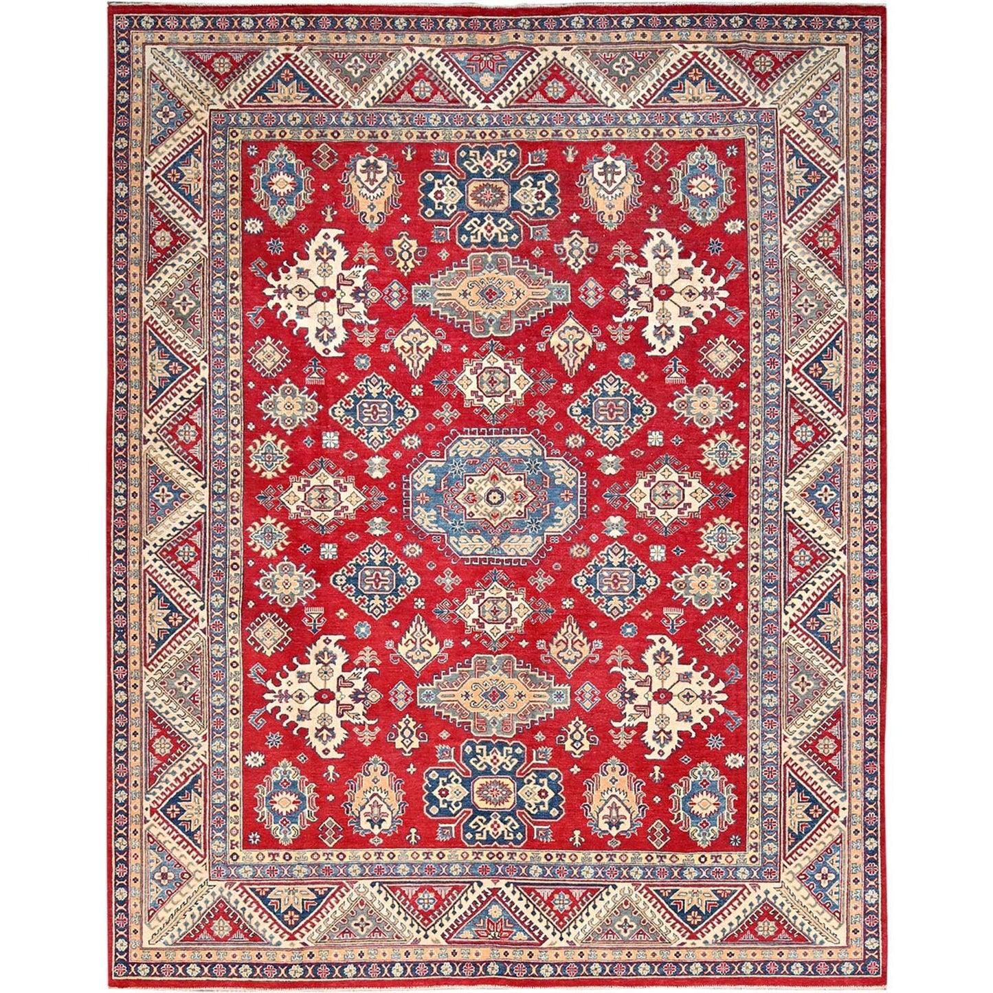 9'2"X11'6" Red Hand Knotted Soft Wool Kazak Tribal Motifs Oriental Rug